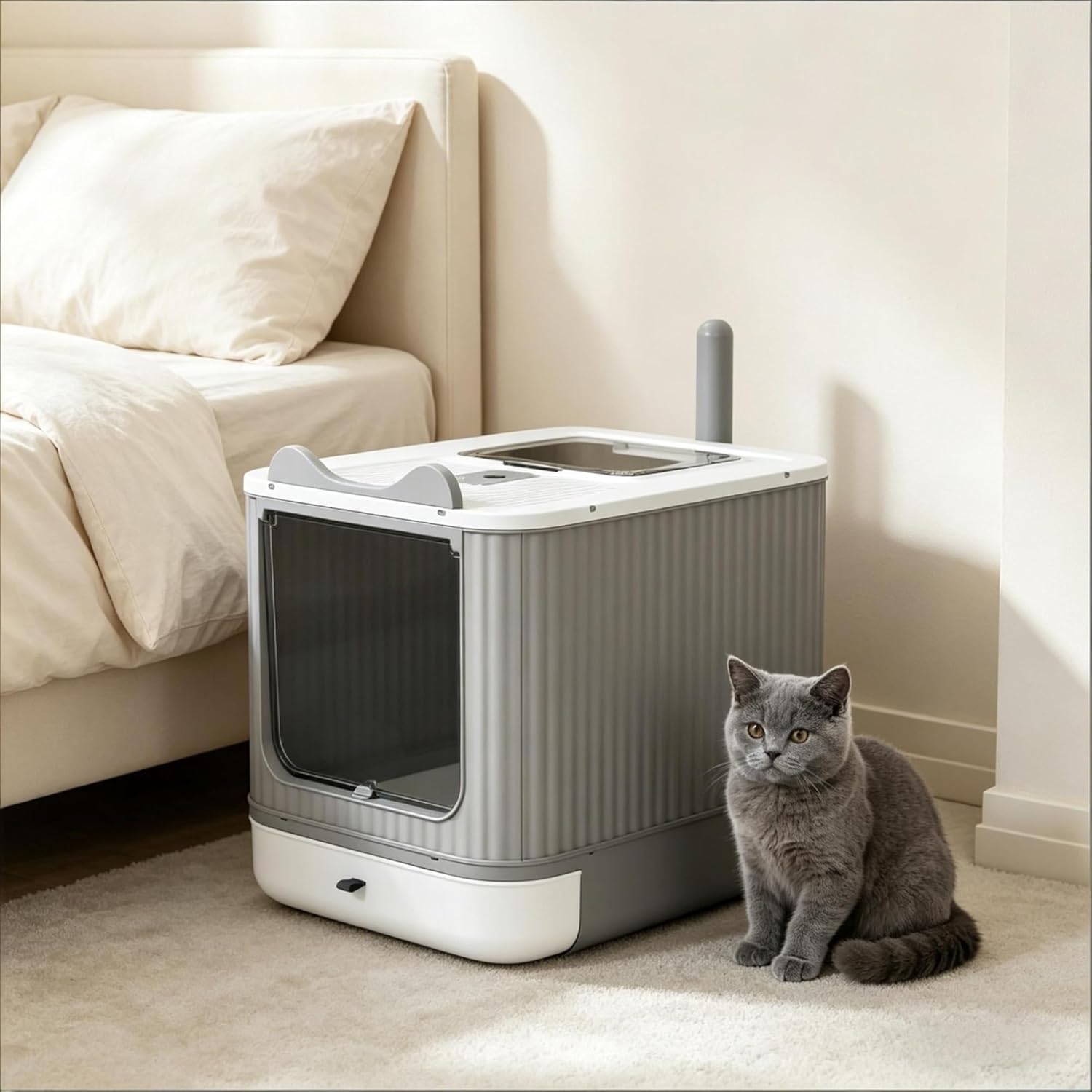 Enclosed Cat Litter Box with Front Entry Top Exit Odor Control Hooded Structure for Indoor Cats Gray White Modern Home Pet Accessory