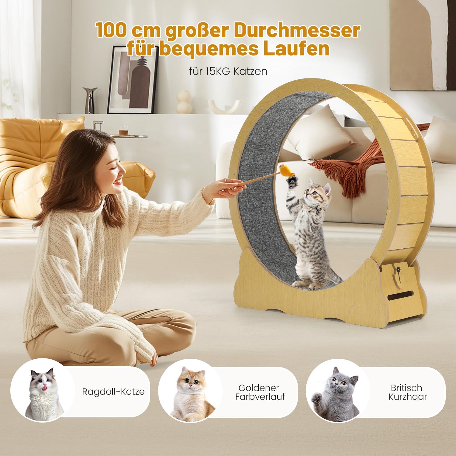 100cm Katzenlaufrad Indoor, großes Katzenrad aus Holz mit Teaser, leises Laufrad für Katzen 2-22kg, Katzen Treadmill mit Sicherheitsschloss & Rutschfester Lauffläche, für Wohnung und Haus, Gelb