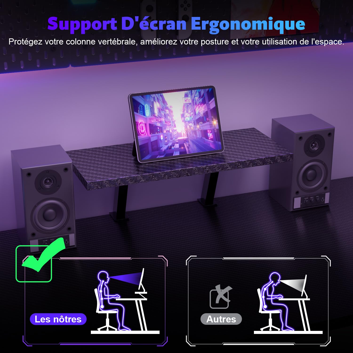 Devoko Bureau Gaming d'angle 150 x 130cm avec Support d'écran, Table Informatique en Coin,Bureau Gamer en Forme de L Table pour Etudier, Jouer et Travailler Carbon Noir