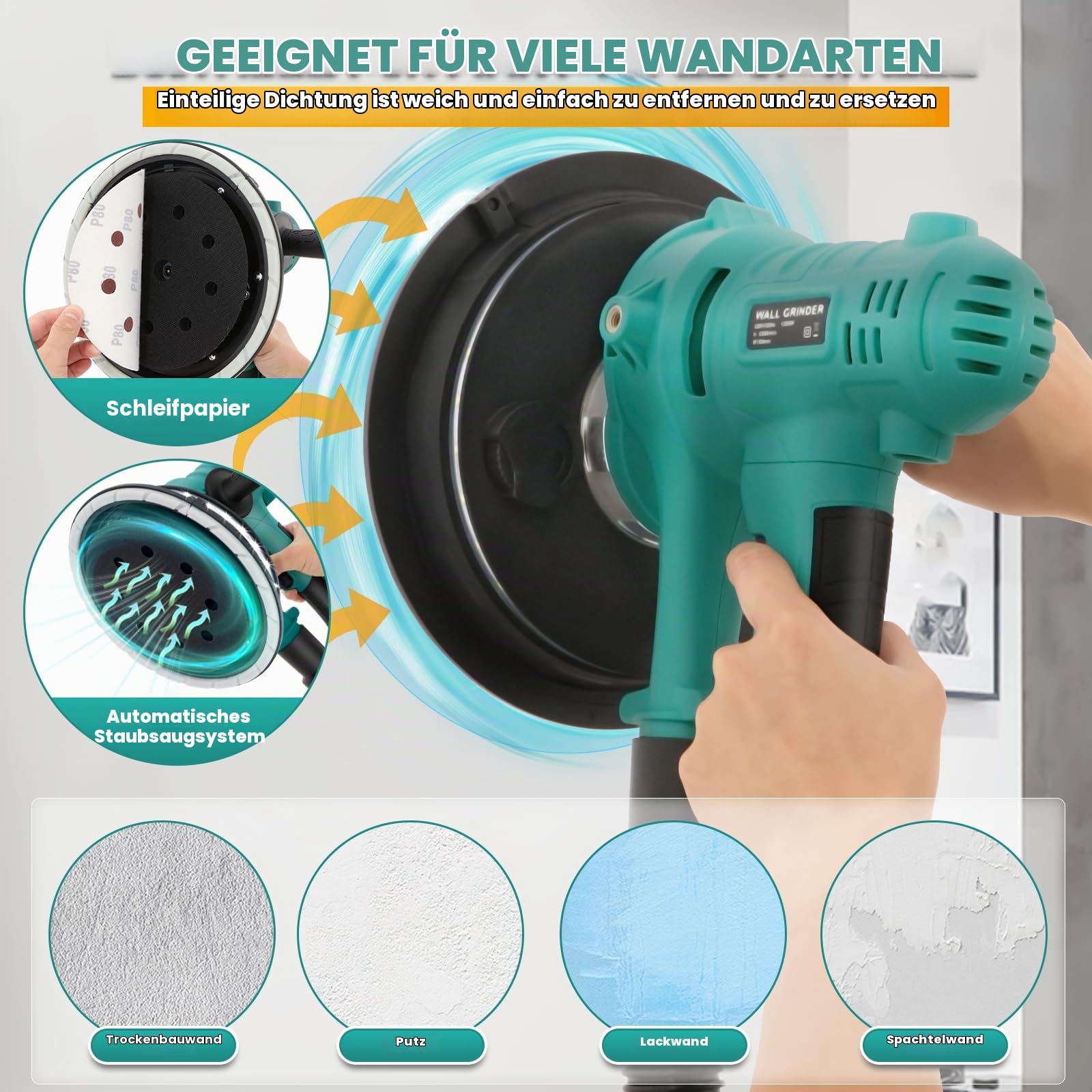 Trockenbauschleifer 800W,180mm Elektroschleifmaschine für Wände, Deckenschleifer Wandschleifer, LED-Licht,12 Schleifpapier, Staubfangsack und Absaugschlauch