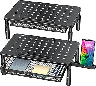 Zimilar 2 Pack Monitor Stand Riser with Metal Drawer, 3 Height Adjustable Monitor Riser with Phone Holder for Printer, Laptop, Premium Metal Computer Monitor Stand with Storage for 2 Monitors