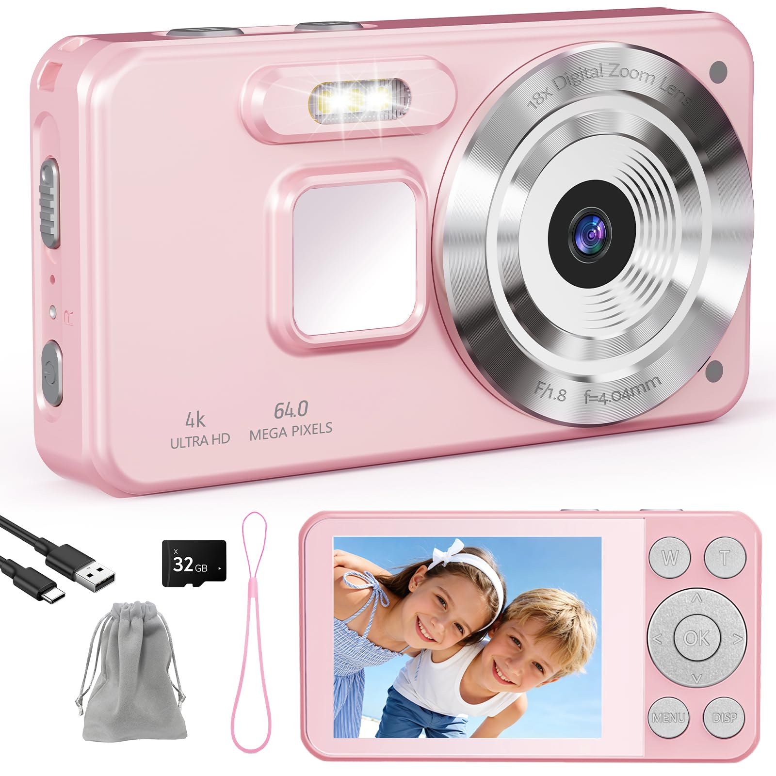 Cámara Digital 4K Cámara de Fotos HD 64MP Cámara Digital Compacta con Pantalla LCD de 2,8" Zoom Digital 18X Tarjeta SD 32GB Incluida Cámara Portátil para Niños y Principiantes(Rosa-2)