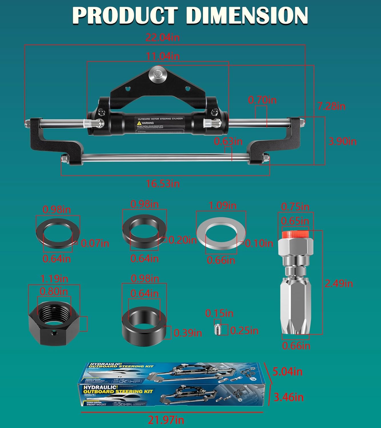 HC5345-3 Front Mount Outboard Hydraulic Steering Cylinder Kit with Two-Way Lock Valve and ORB Fittings Fits for any 300HP Outboard-Powered Boats, Max Working Pressure 10.3Mpa/1500PSI
