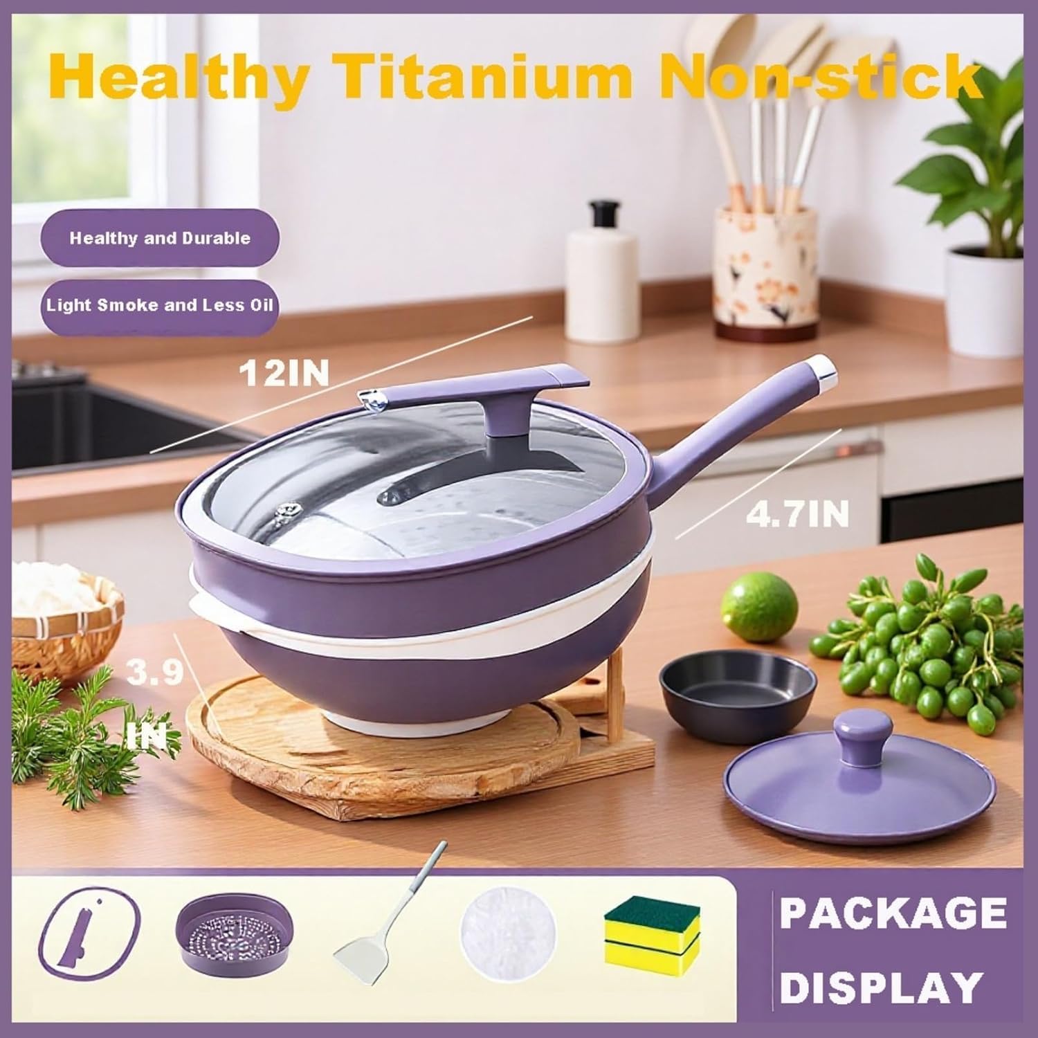 Titanium Ceramic Non-Stick Pan, 12 Inch Frying Pan with Lid, Titanium Pans for Cooking Nonstick Frying Pan Cookware Sets, with Stay-Cool Handles, for Cooking, Frying (Purple-A, Pot + Lid + Steamer)