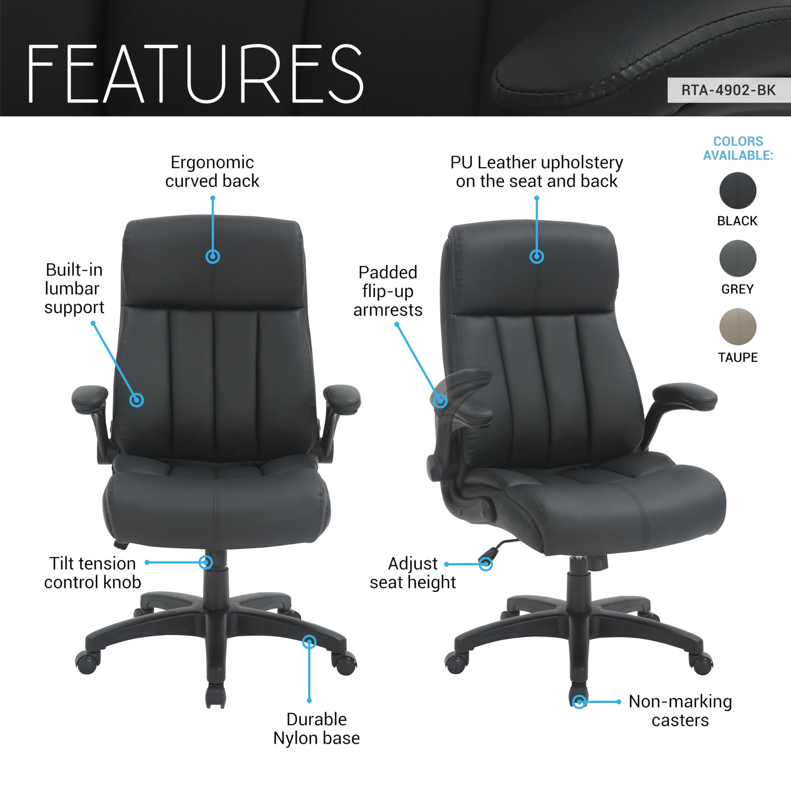 Silla de oficina ejecutiva de cuero con reposabrazos acolchados abatibles y altura ajustable con control de inclinación, silla de escritorio de poliuretano, color negro 3