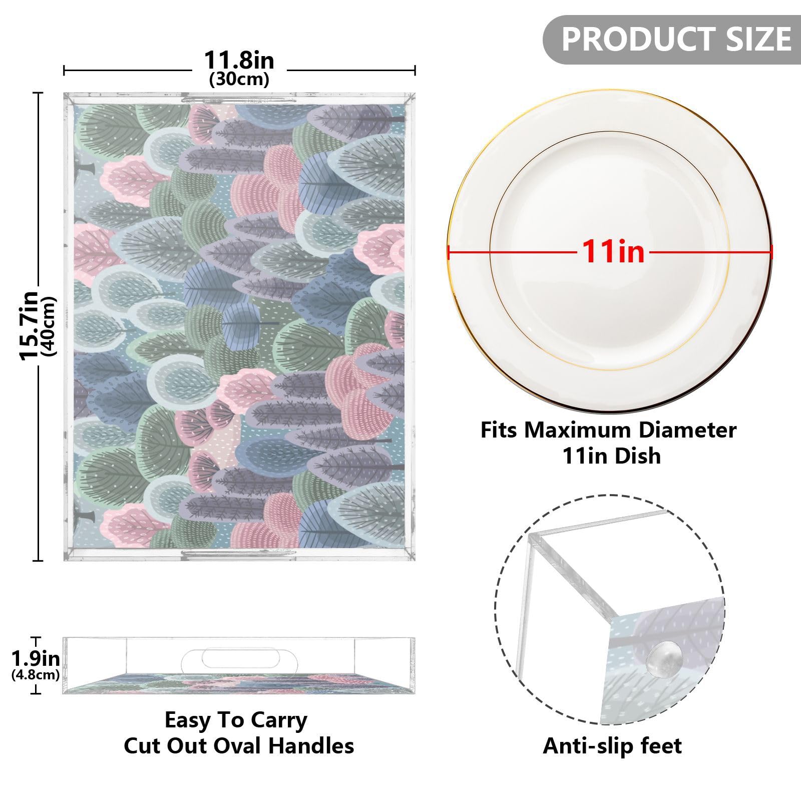 Bandeja acrílica rectangular transparente con diseño abstracto de árboles personalizados para invierno, con asas, bandeja acrílica para desayuno, bandejas impermeables para servir, transparentes, 12 x