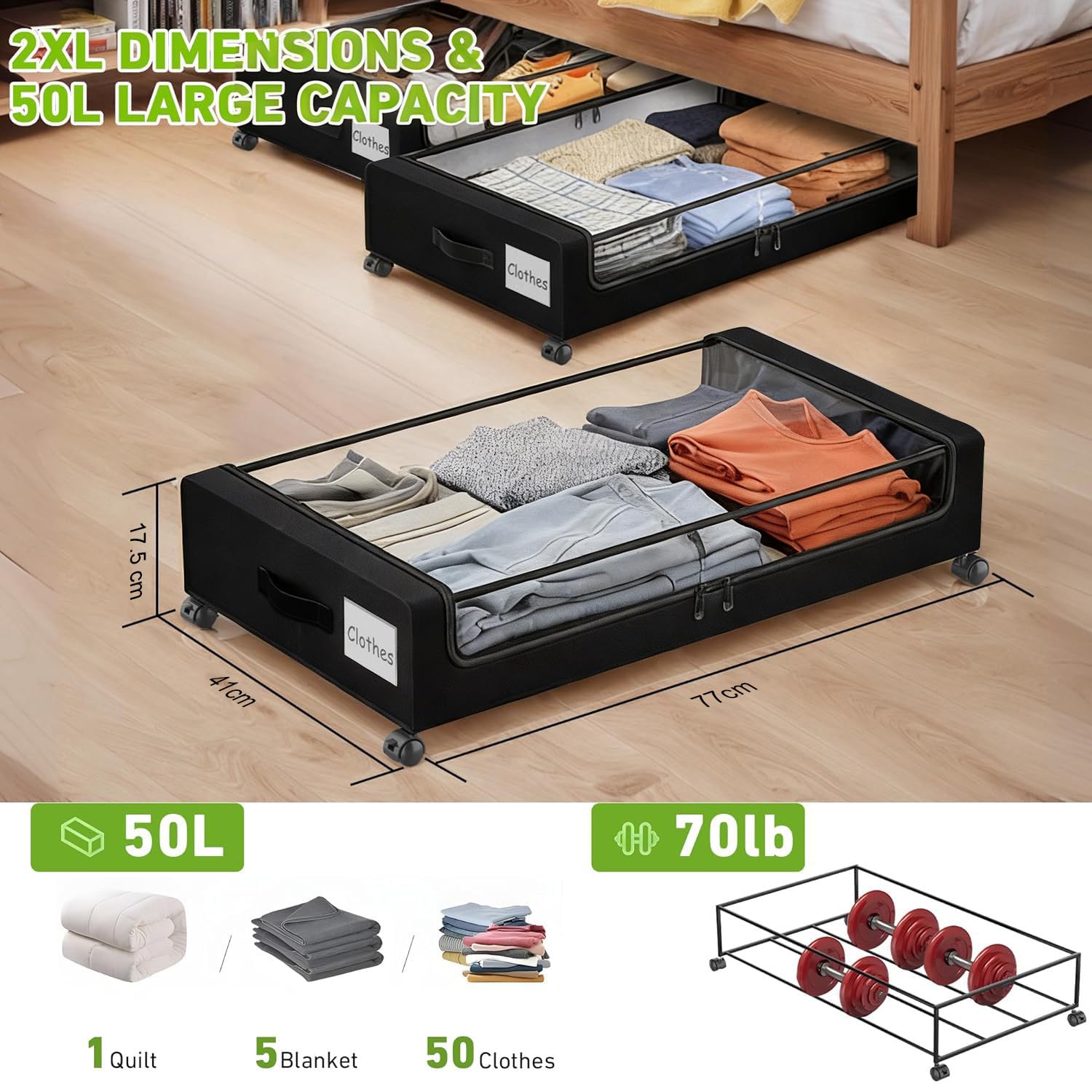 SPEEDEVE 2 Pezzi Contenitori Sottoletto con Ruote 50L Cassettiera con PVC Coperchio Salvaspazio Organizer per Vestiti Scarpe Libri Giocattoli Coperte,Nero,2 pezzi