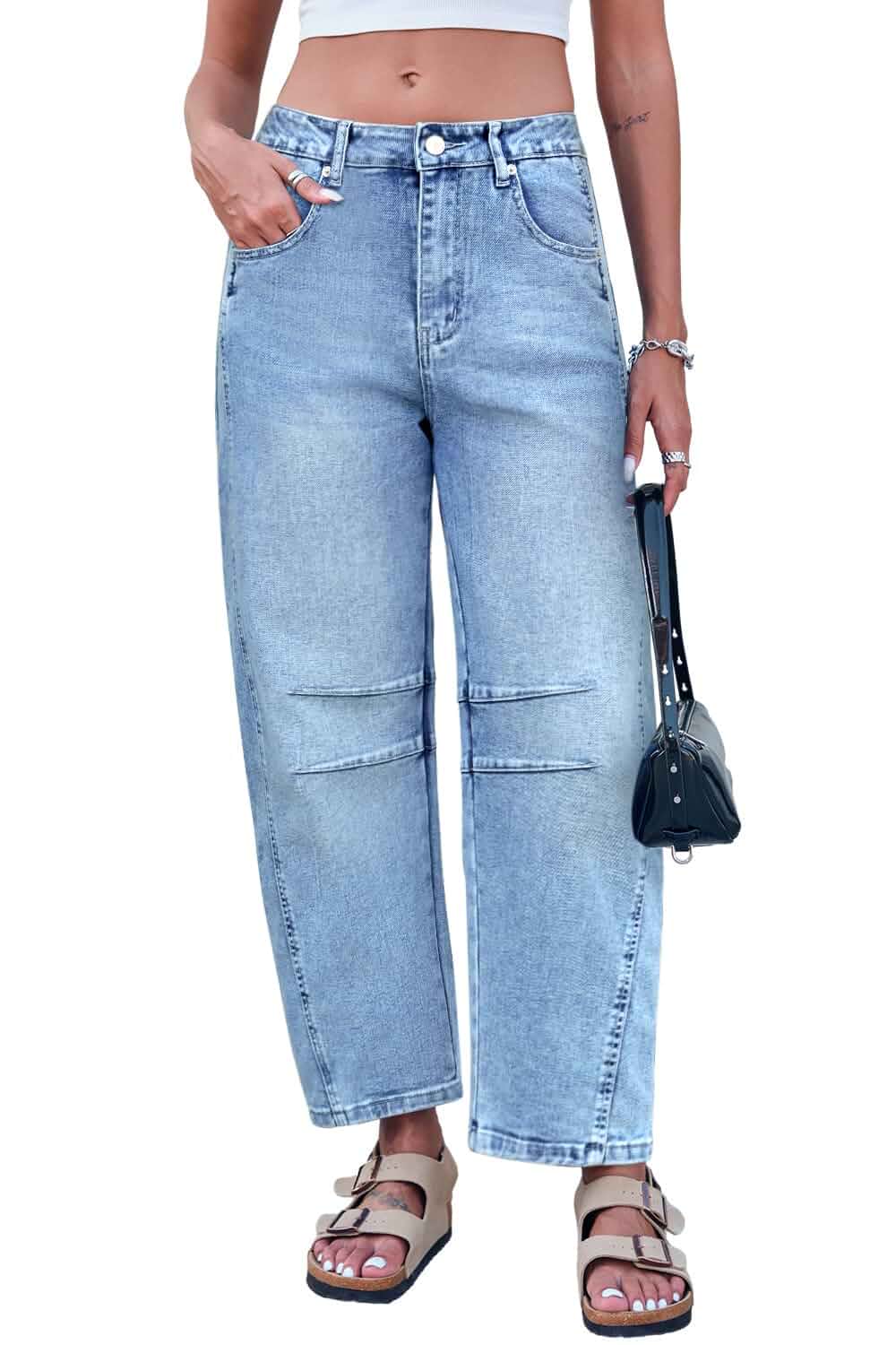 GREAIDEA Barrel Jeans for Women Mid Rise Stretchy Baggy Denim Ankle Pants Barrel Leg Cut, Mid Waist, 26''Inseam, Wide Leg,Tapered,Trendy Crop Boyfriend Jeans,Relaxed Fit,For Daily Wear,Dressy Casual
