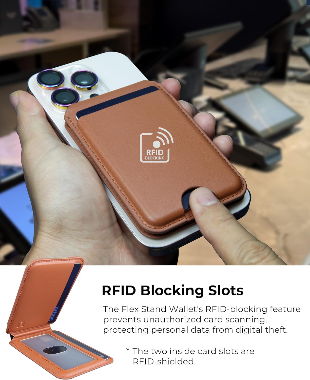 Enclave Wallet Stand for iPhone 17/16/15/14/13/12 Series, Compatible with MagSafe, Magnetic 5 Card Holder, Adjustable Stand, RFID Blocking, Microfiber Leather (Tan)