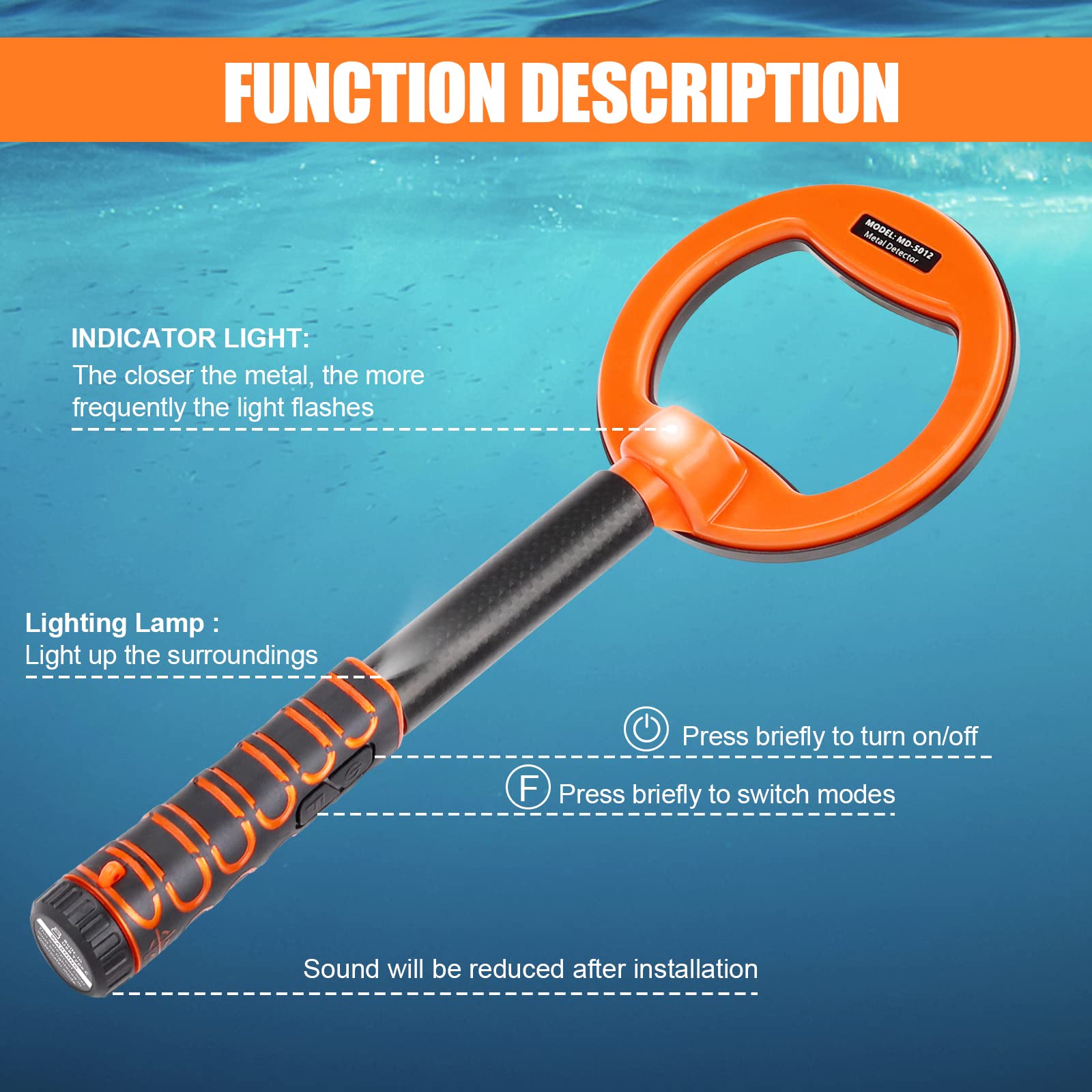OMMO Metal detector Subacqueo, Metal Detector Completamente Impermeabile, Batteria Ricaricabile Integrata, 3 Modalità Vibrazione e Suono, Allarme Luminoso a LED, Metal Detector per Immersioni