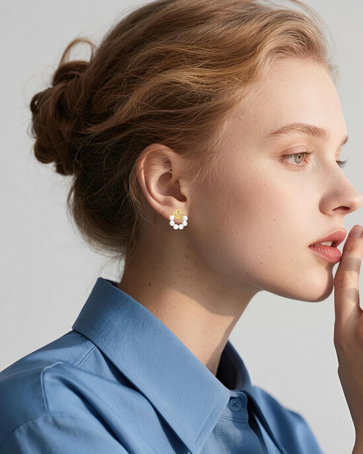 Dainty Gold Pearl Stud Earrings - 14K Gold Plated, Hypoallergenic Flower Earrings for Women - Lightweight Rose Design, Small Jewelry Gift for Anniversary, Sensitive Ears & Office - Image 3