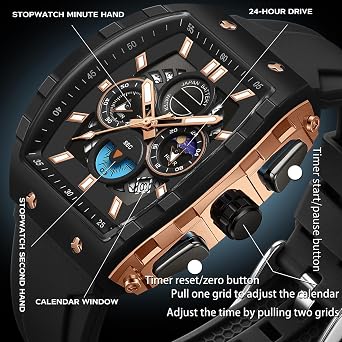 findtime Men's Watch Analogue Watches Fashion Tonneau Rectangle Sport Wrist Watch Military Quartz Chronograph Waterproof Watches with Luminous Calendar Curved Screen