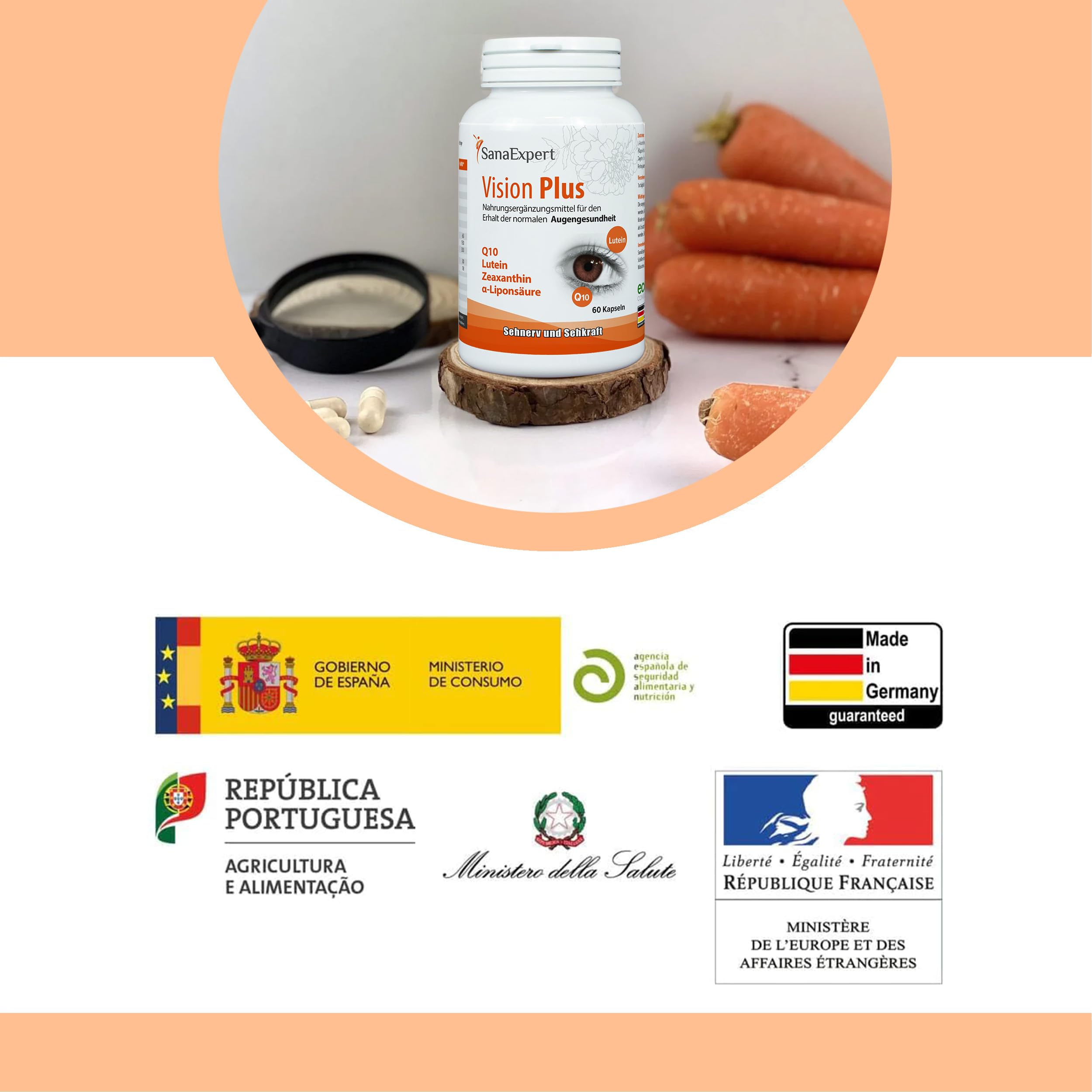 SanaExpert® Vision Plus – Mit Vitamin A für die normale Sehkraft sowie Lutein, Zeaxanthin, Q10, Vitamin C, E, Zink & Selen – 60 Kapseln – Made in Germany