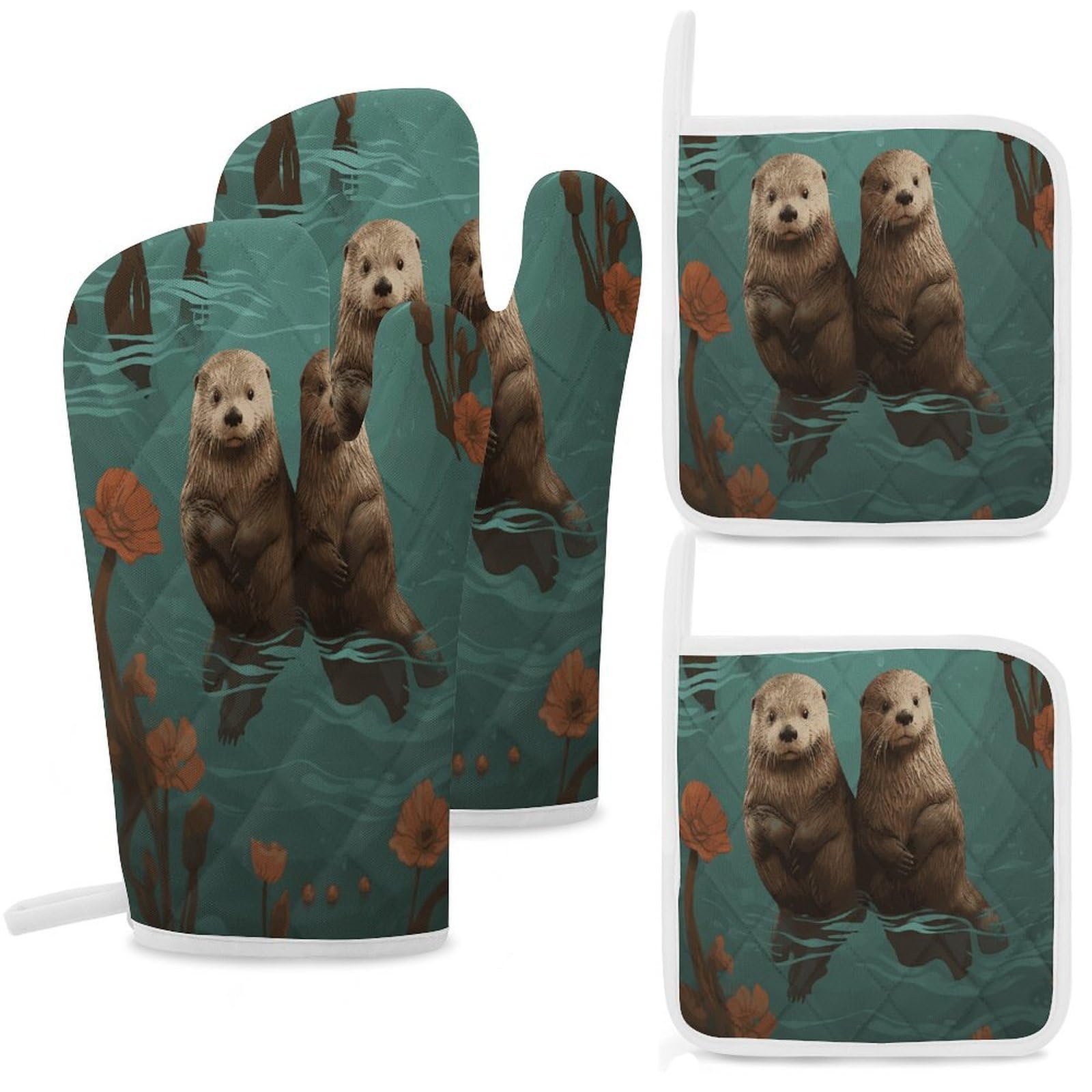 Fekiloot Style Otters In Love Oven Mitts And Pot Holders 4-Piece Set, Kitchen Oven Glove With Hanging Loop, Bbq Gloves For Cooking Baking Grilling