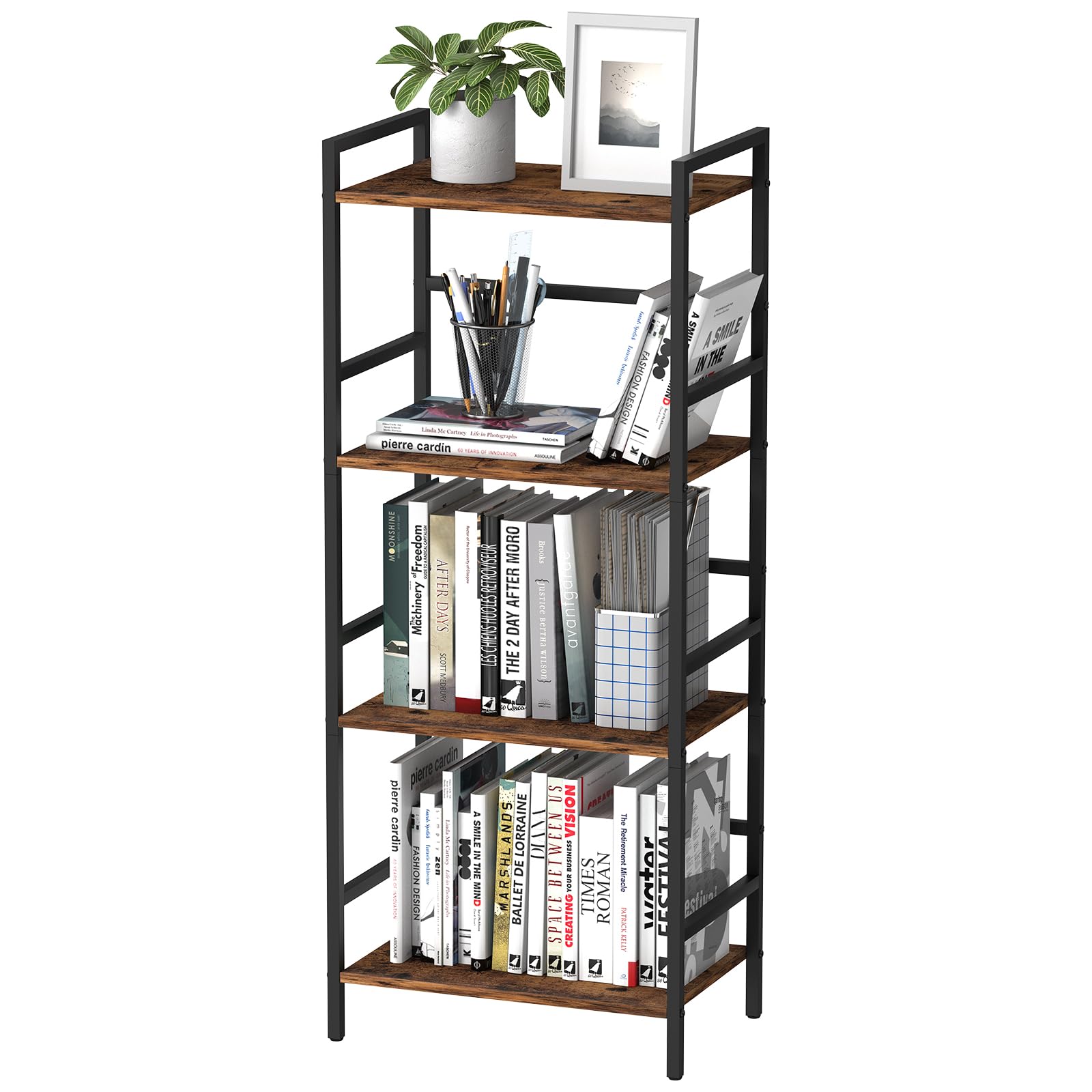 CADUKE 4-poziomowa półka na książki z miejscem do przechowywania Industrial Open Etagere Bookcase Wood Metal Book Shelf Stand Brown Regały na książki do salonu, sypialni, biura