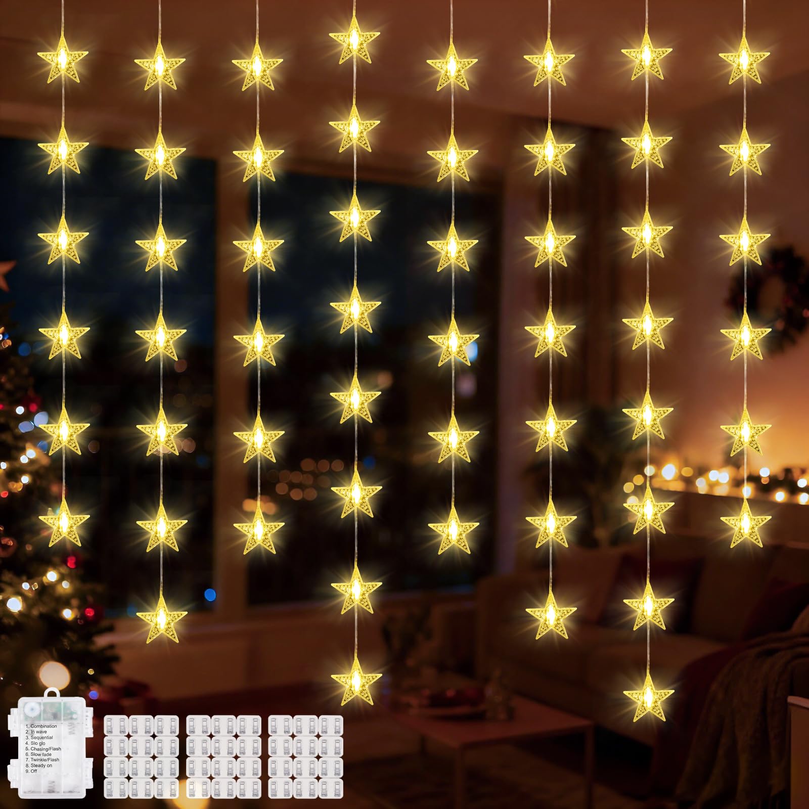 Lewondr 480 LED Stern Vorhang Lichter, 6 Stück Hängende Lichterkette mit 6H Timer & 8 Modi, Batterien Weihnachtsbeleuchtung String Lichter für Weihnachten Hochzeitsfeier Indoor Dekor, Warme Licht