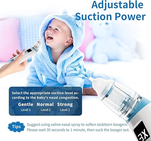 Miniatura 2 de Aspirador nasal para bebé, aspirador nasal eléctrico para bebé, chupón de nariz recargable con 3 puntas de silicona, succión ajustable de 3 niveles,