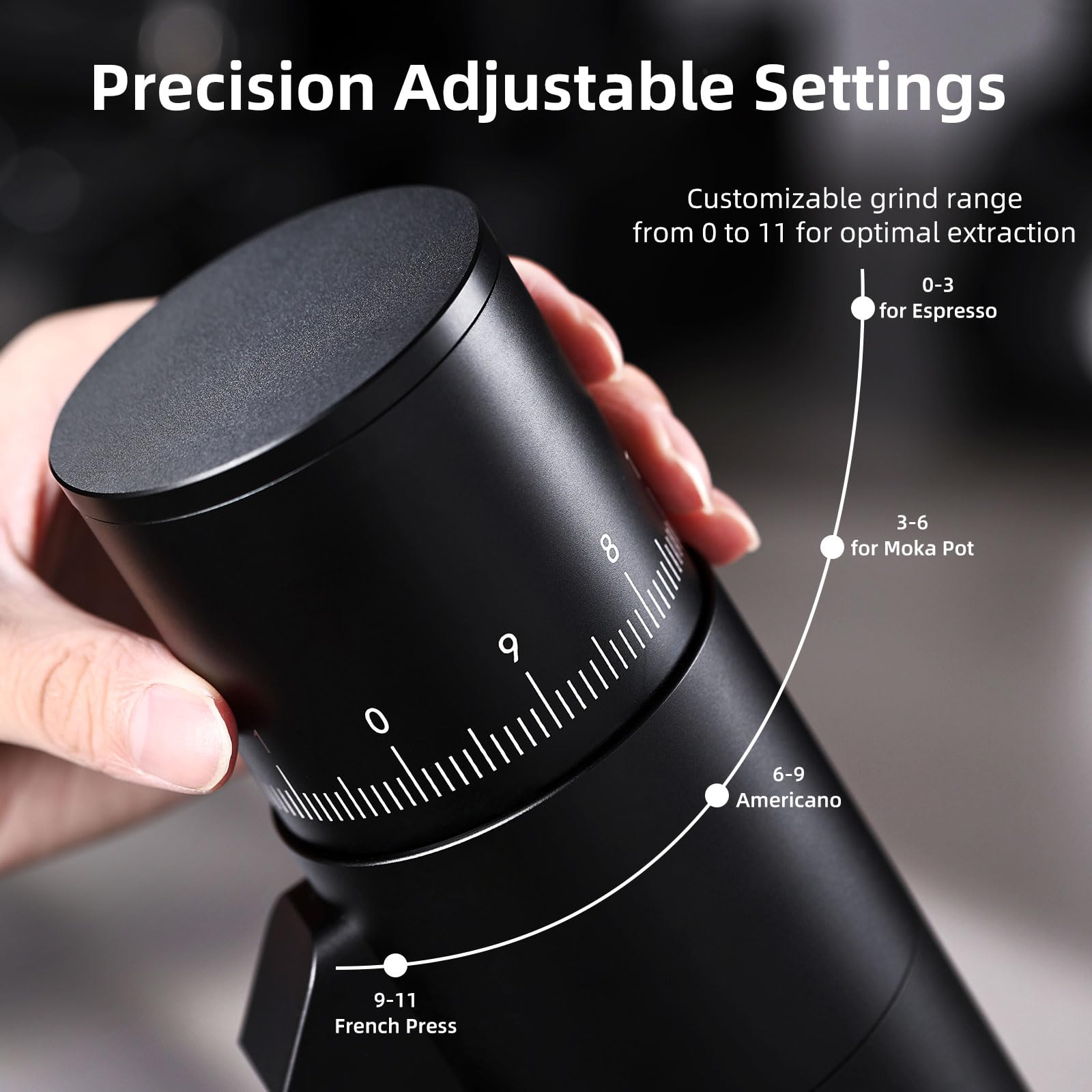 Molinillo eléctrico de café con rebabas – Molinillo eléctrico de ajuste continuo con rebaba cónica de acero inoxidable CNC y tapa magnética y taza dosificadora (negro)