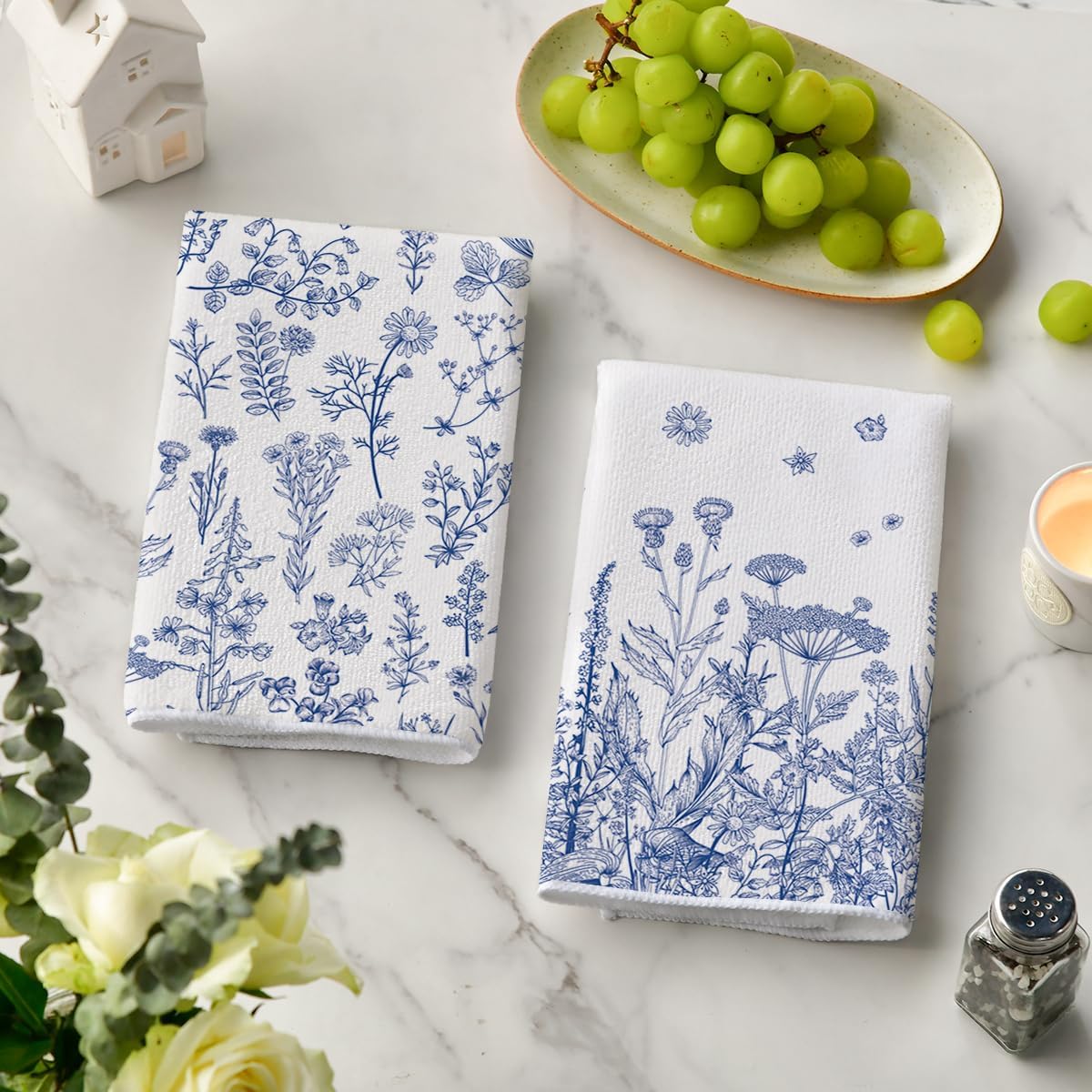 Artoid Mode Blue Antique Herbs Wild Flowers Leaves Spring Kitchen Towels Dish Towels, 18x26 Inch Seasonal Decoration Hand Towels Set of 2 - Image 3