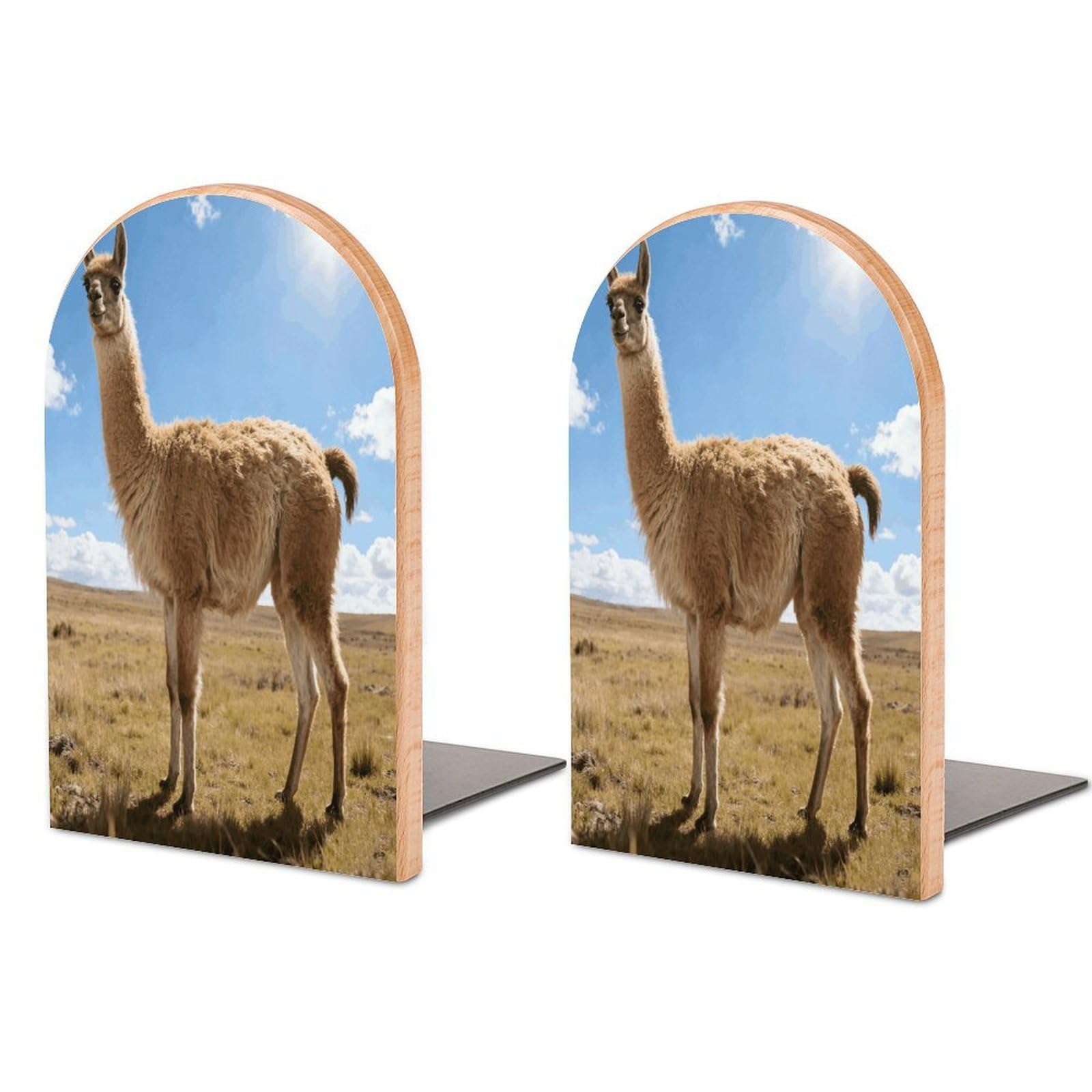 Llama Book Ends Wood Non-Skid Bookend for Shelves Heavy Duty Bookends with Metal Base Decorative Books Stopper Desk Organizers Book Dividers for Office Home 1 Pair