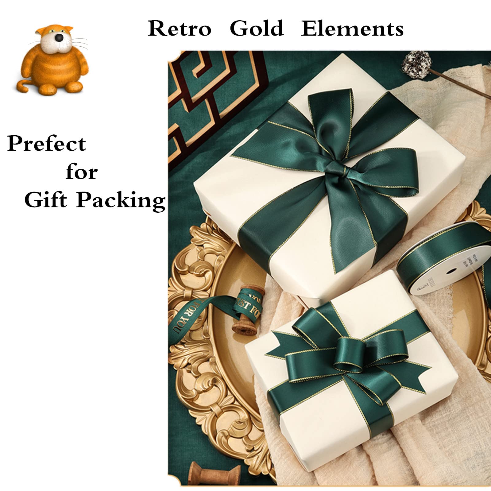 VIVIQUEN Green Double Faced Satin Ribbon with Gold Edge, 1-1/2