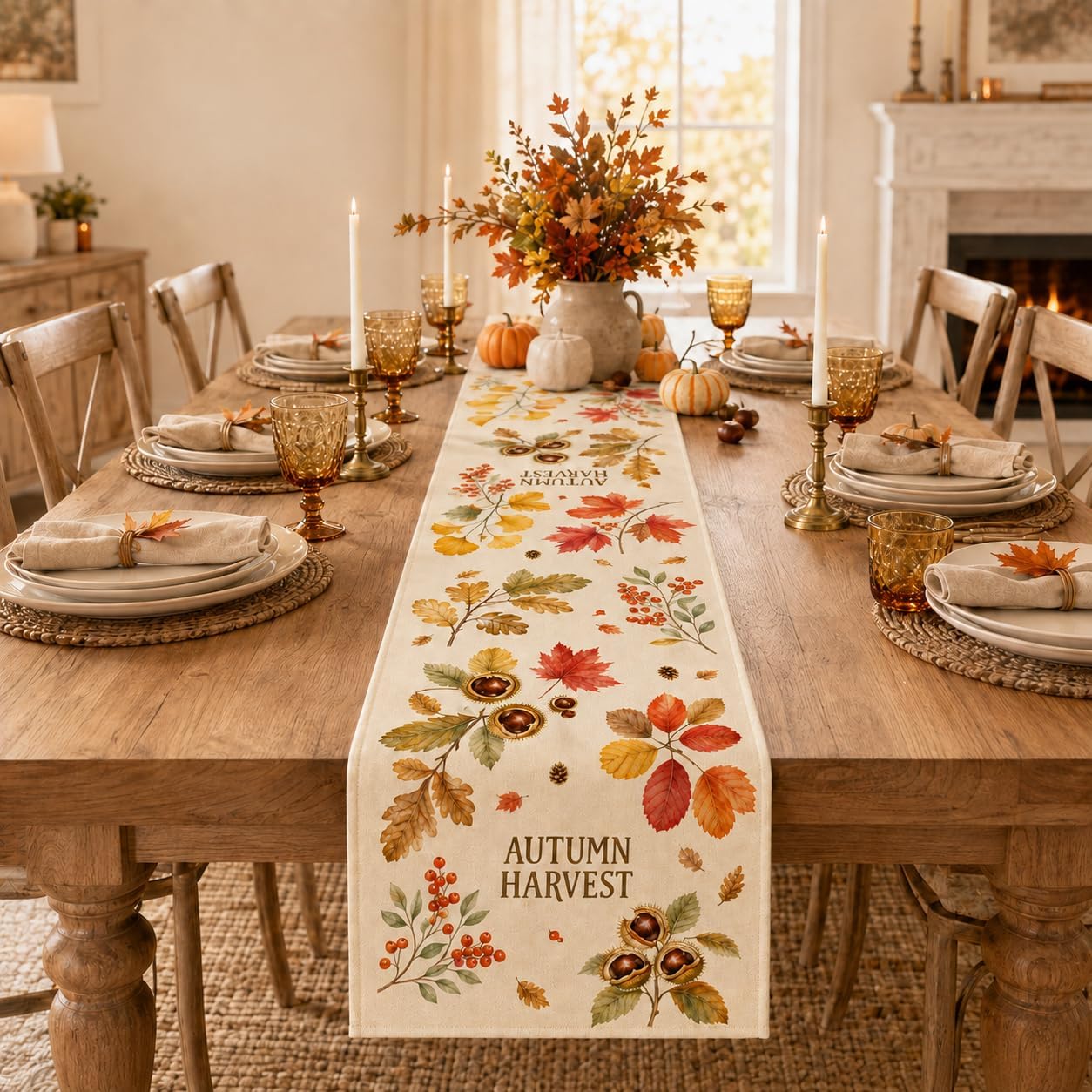 Fall Table Runner 72 Inches Long, Watercolor Autumn Harvest Maple Leaves and Berries, 13 x 72 Inch Linen Thanksgiving Table Decor, Rustic Farmhouse Botanical Runner for Kitchen Dining Room image 5