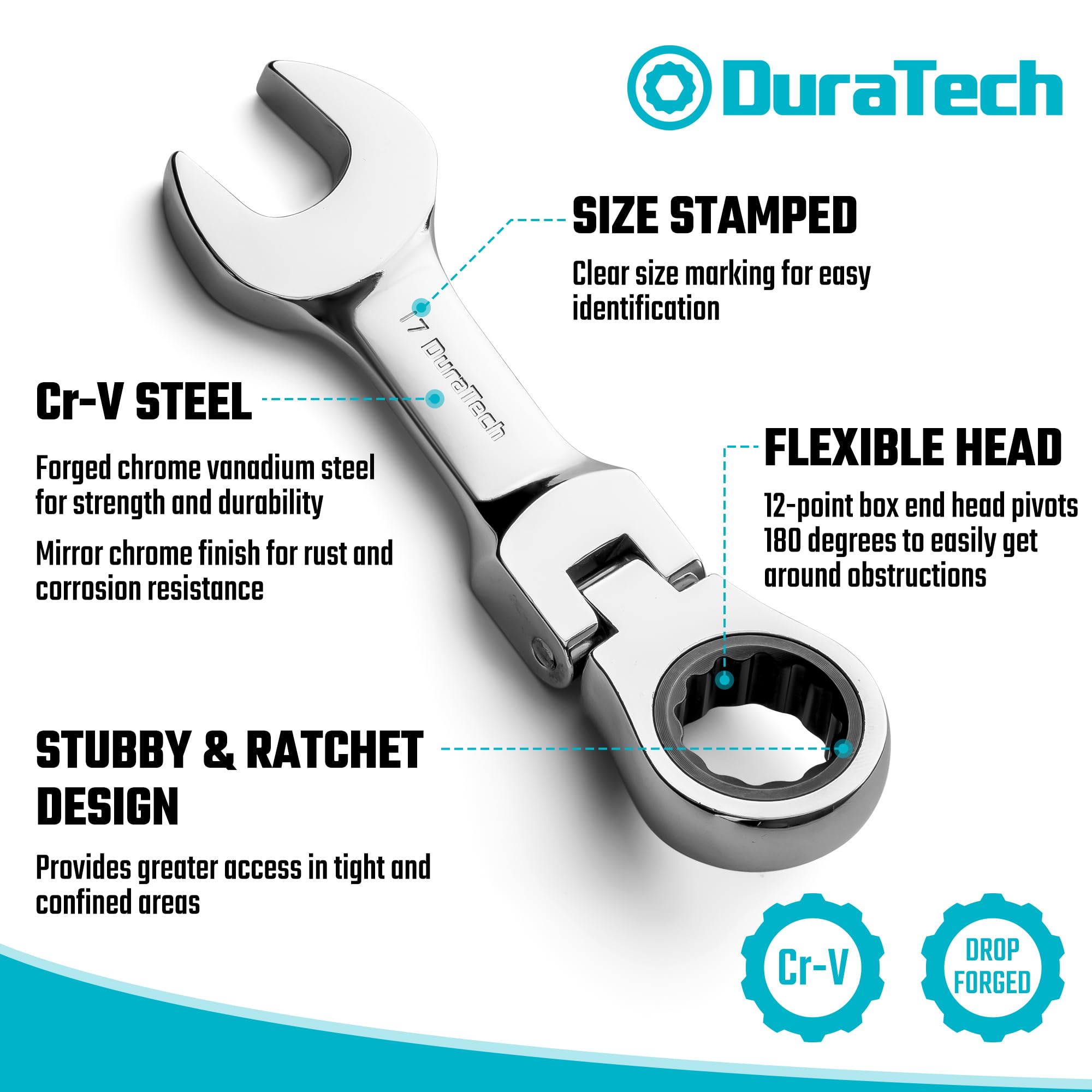 DURATECH Stubby Flex-head Zestaw kluczy płasko-oczkowych, metryczny, 12-częściowy, 8-19 mm, stal CR-V, z woreczkiem