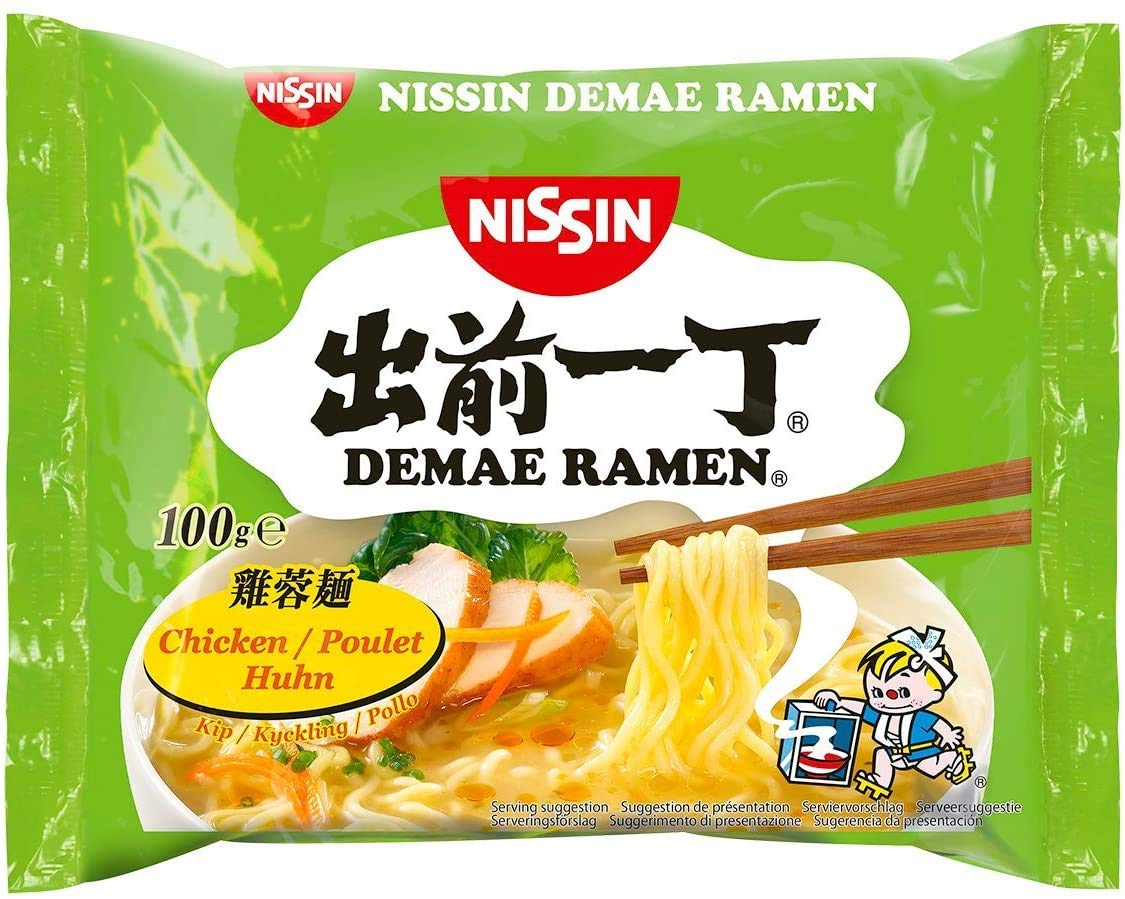 Nissin Demae Instant Noodles Ramen 8 PAQUETES MEZCLADOS - Tonkotsu, pollo, ternera, mariscos, sésamo picante, gambas, salsa de soja, pollo con ajo (100 g)