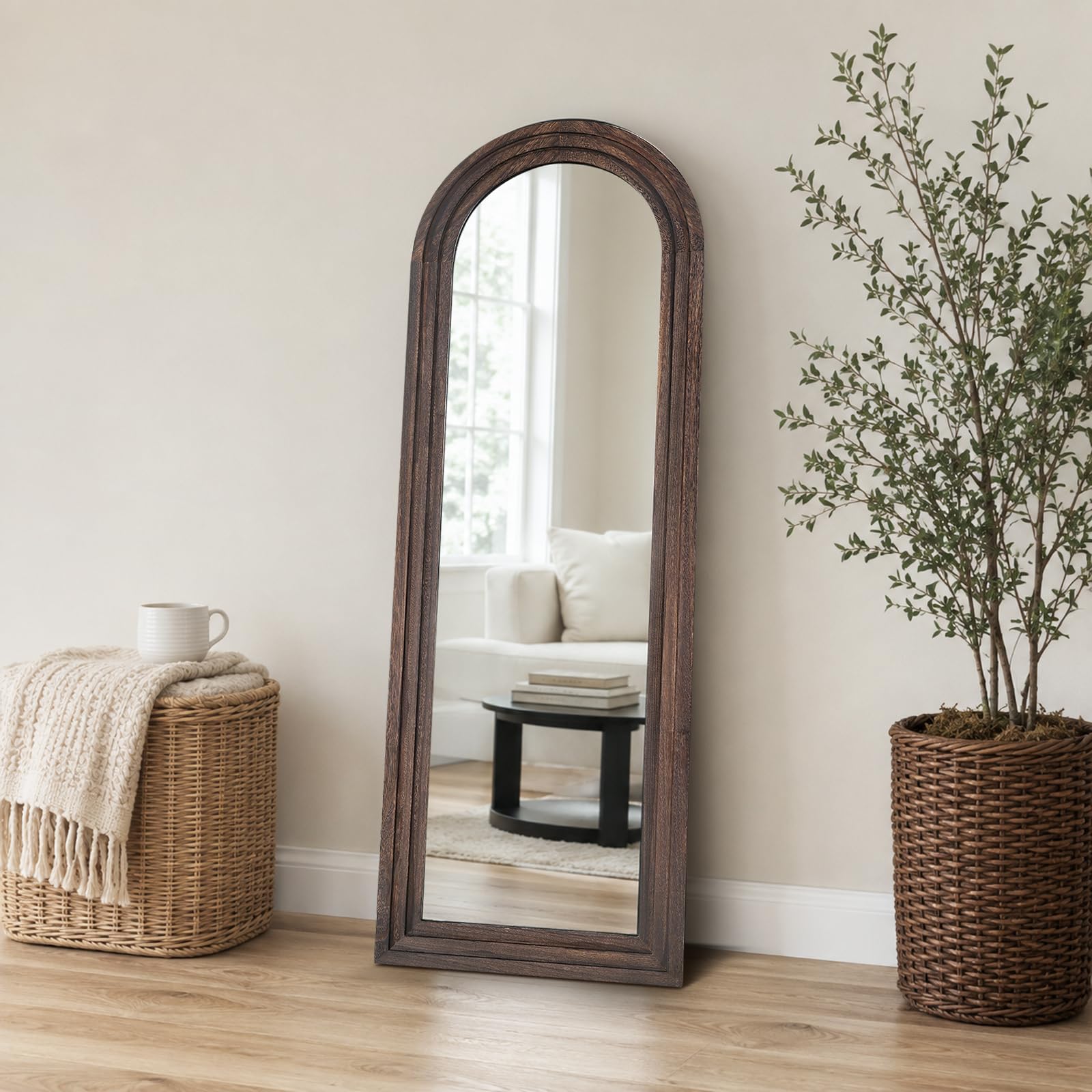58x22 Arched Full Length Mirror, Solid Wood 3 Layer Frame, Brown