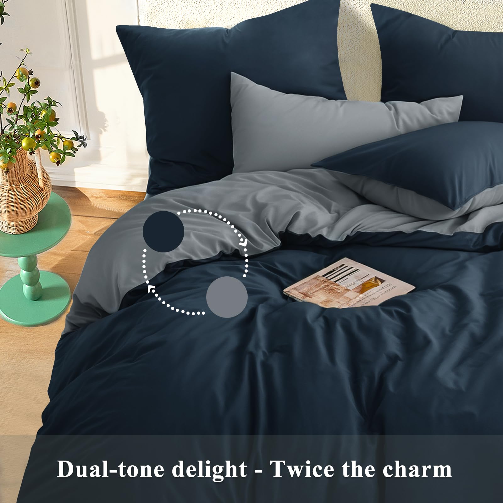 RUIKASI Navy King Size Duvet Cover Sets Grey, Reversible Blue Duvet Cover Kingsize Bedding Set including Zip - Image 4