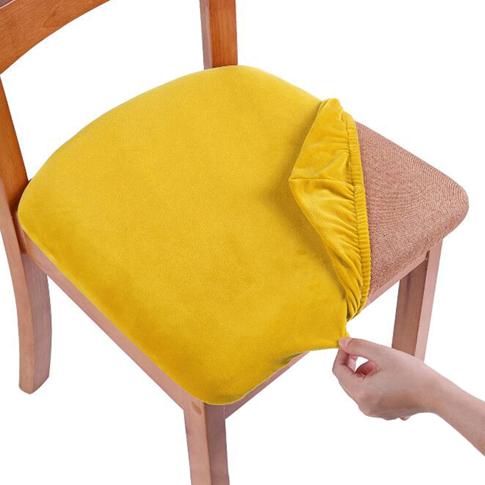 Smiry Velvet Seat Covers for Dining Room Chair Set of 2, Stretch Fit Removable Washable Chair Seat Cushion Protector Slipcovers with Ties, Mustard Yellow
