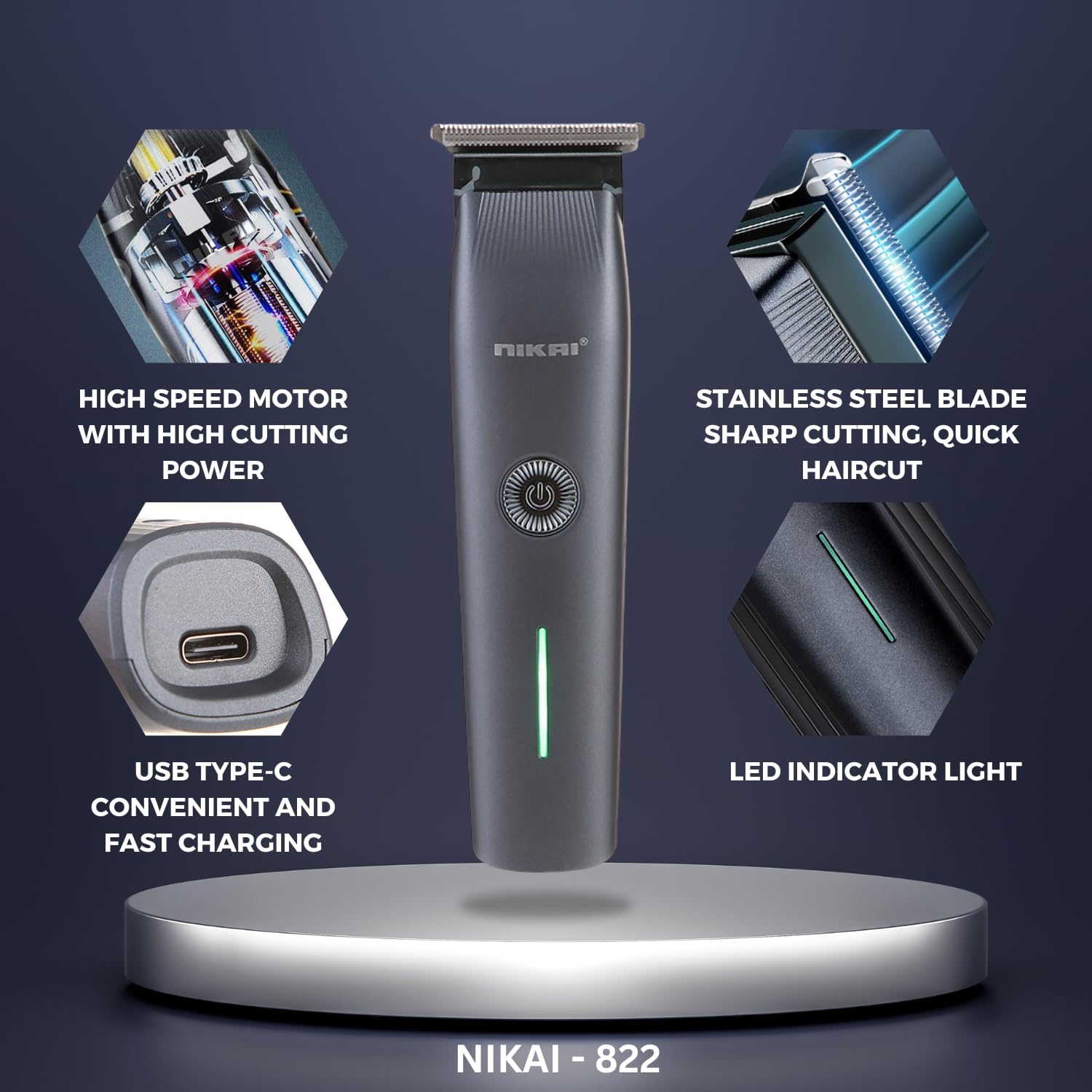 Key Features of NIKAI NK-822: High-Speed Motor, Stainless Steel Blade, USB-C Charging, LED Indicator