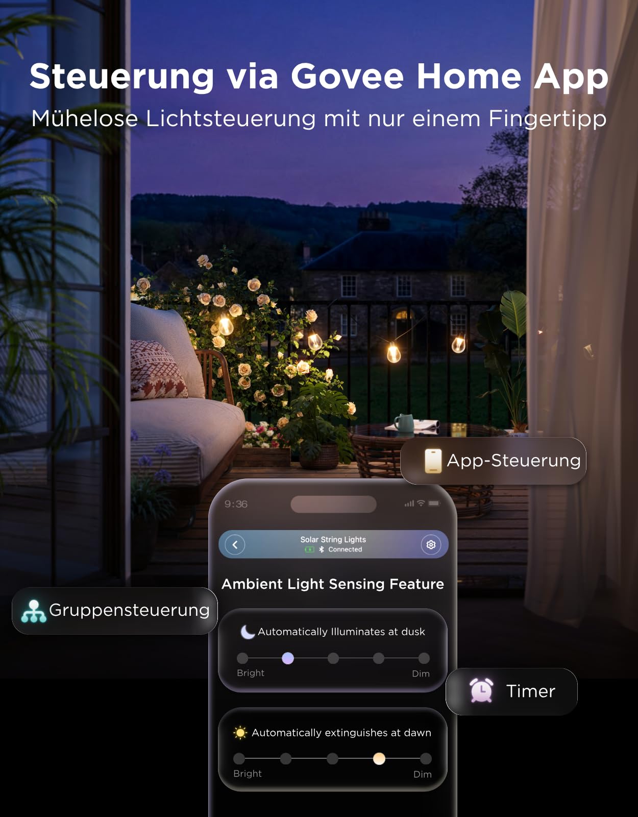 Govee Solar Lichterkette Outdoor 10m, RGBICW mit 16 Millionen Farben | 112 Szenenmodi, App-Steuerung, nur Bluetooth, 8 dimmbaren splitterfreien LED-Lampen, 50lm, IP67 für Balkon, Garten, Camping