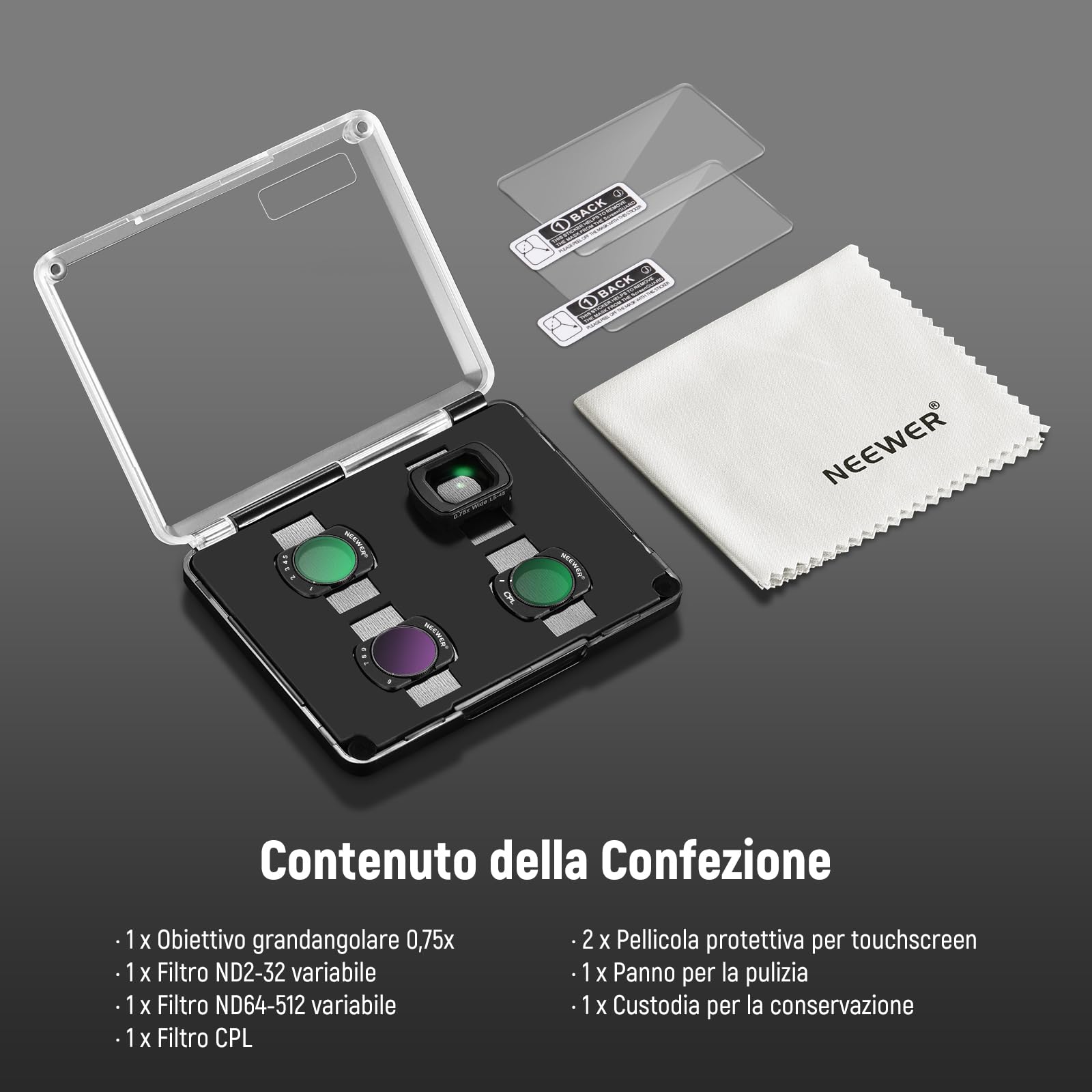 NEEWER Filtro ND Variabile Compatibile con DJI Osmo Pocket 3/Pocket 4/Xtra Muse con Obiettivo Grandangolare 0.75X a 180°e Protezione Schermo, Filtro Variabile ND2-32 + ND64-512 + CPL, FL-B15