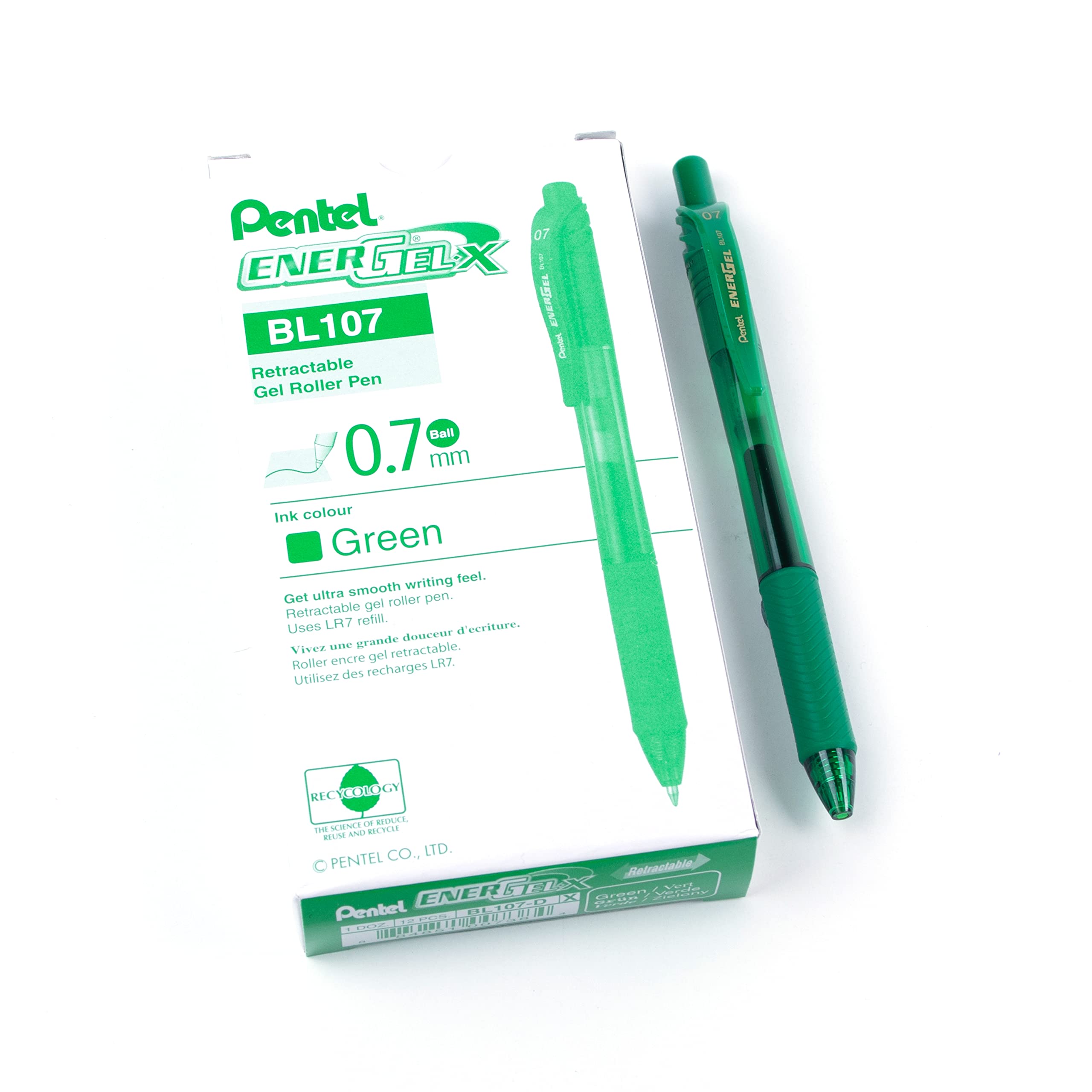 Pentel EnerGel X Retractable Liquid Gel Rollerball Pen, Everyday Writing, Office Supplies, School Supplies, 0.7mm Medium Point, Green Ink, BL107-D, Box Of 12