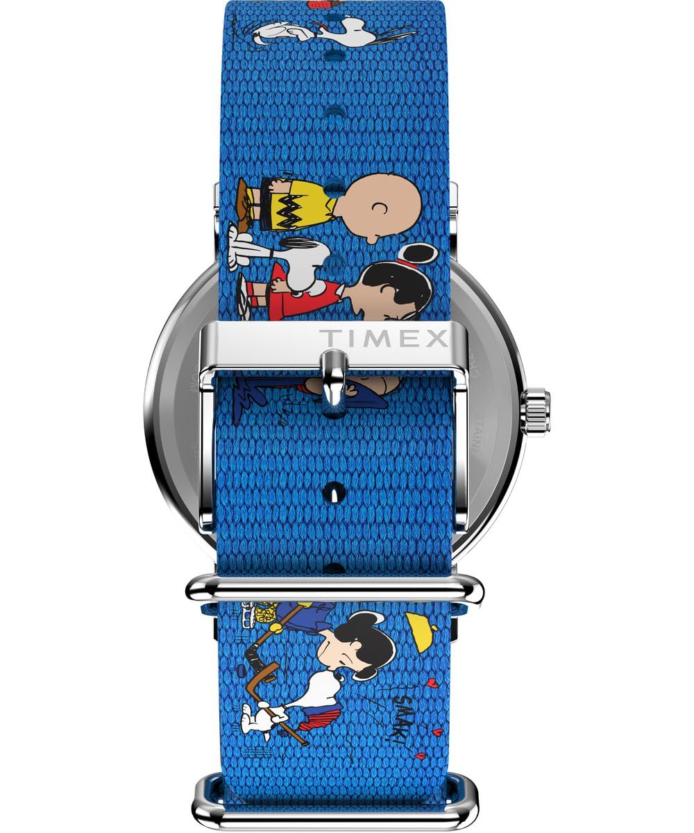 Timex Peanuts TW2W19400 - Orologio da donna da 38 mm, cinturino in tessuto blu con quadrante bianco e cassa argentata