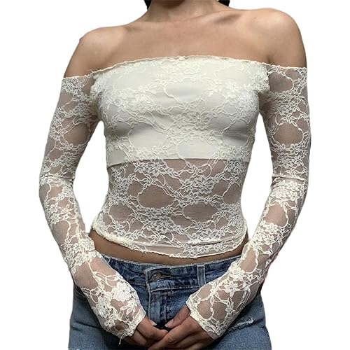 Women Off Shoulder Y2K Crop Top Long Sleeve See Through Tee Shirt Backless Bodycon Going Out T-Shirt Streetwear