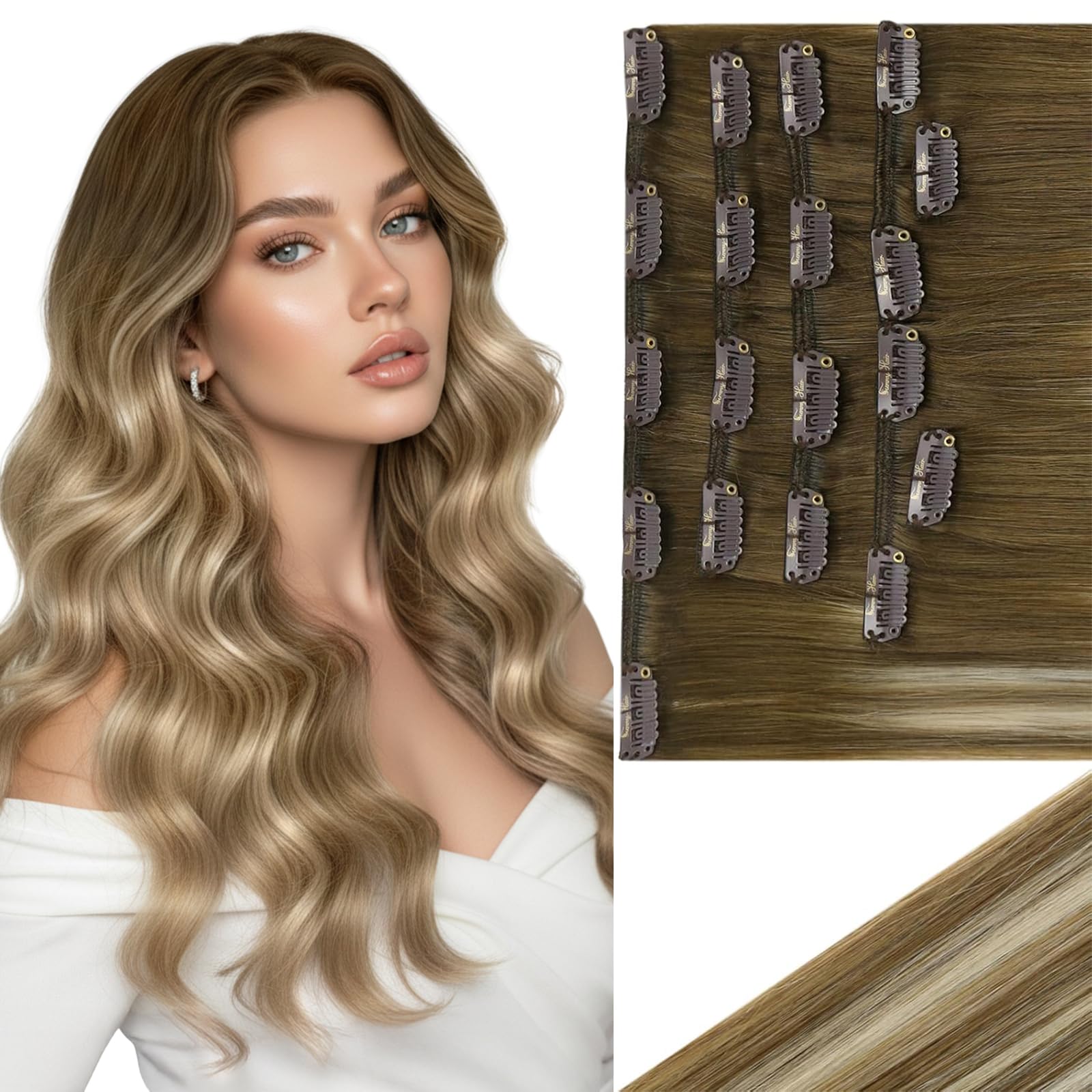 Ve Sunny Real Hair Extensions Clip in Human Hair Balayage Ombre Clip on Hair Extensions for Women Light Brown Mix Blonde Remy Human Hair 20 Inch 7pcs