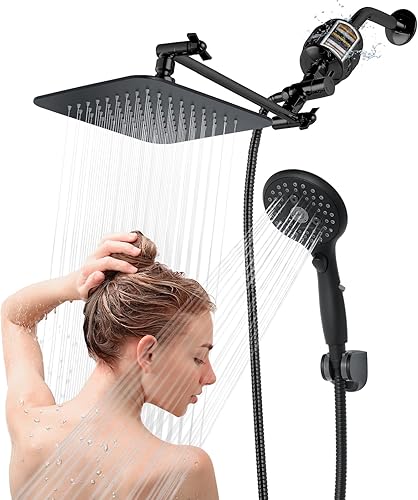 8'' Dual 20 Stage Filtered Shower Head with Handheld, 6 Spray Settings Handheld Shower Head High Pressure Rainfall Filter Combo with 12'' Adjustable