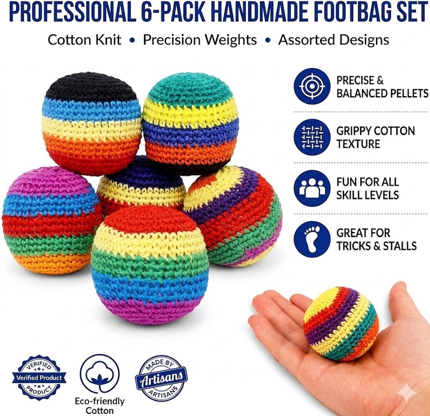 Ruziyoog 6/12/24 PCS Hand-Made Knitted Footbag Sack, 2026 Upgraded Assorted Foot Bag Crochet Hacky Ball for Adults, Juggling Balls for Beginners, Colorful Geometric Pattern for Outdoor Party Game