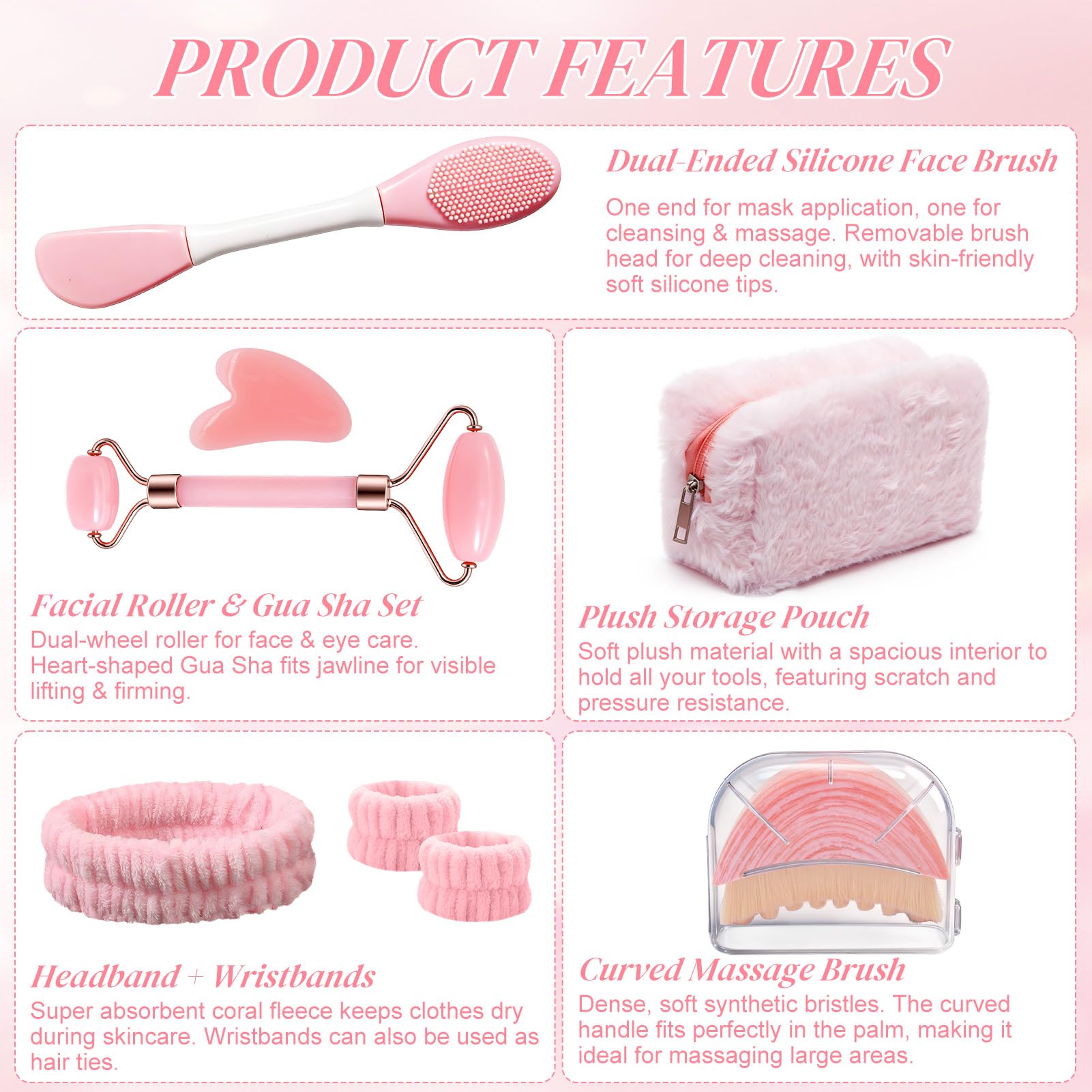 8 Piezas Kit de Masaje Gua Sha para Mujer, Gua Sha Cuarzo Rosa, Rodillo de Masaje, Cepillo Facial de Contorno, Diadema, Bolsa de Maquillaje, Regalos Guasha Facial Jade para Familia, Amigos