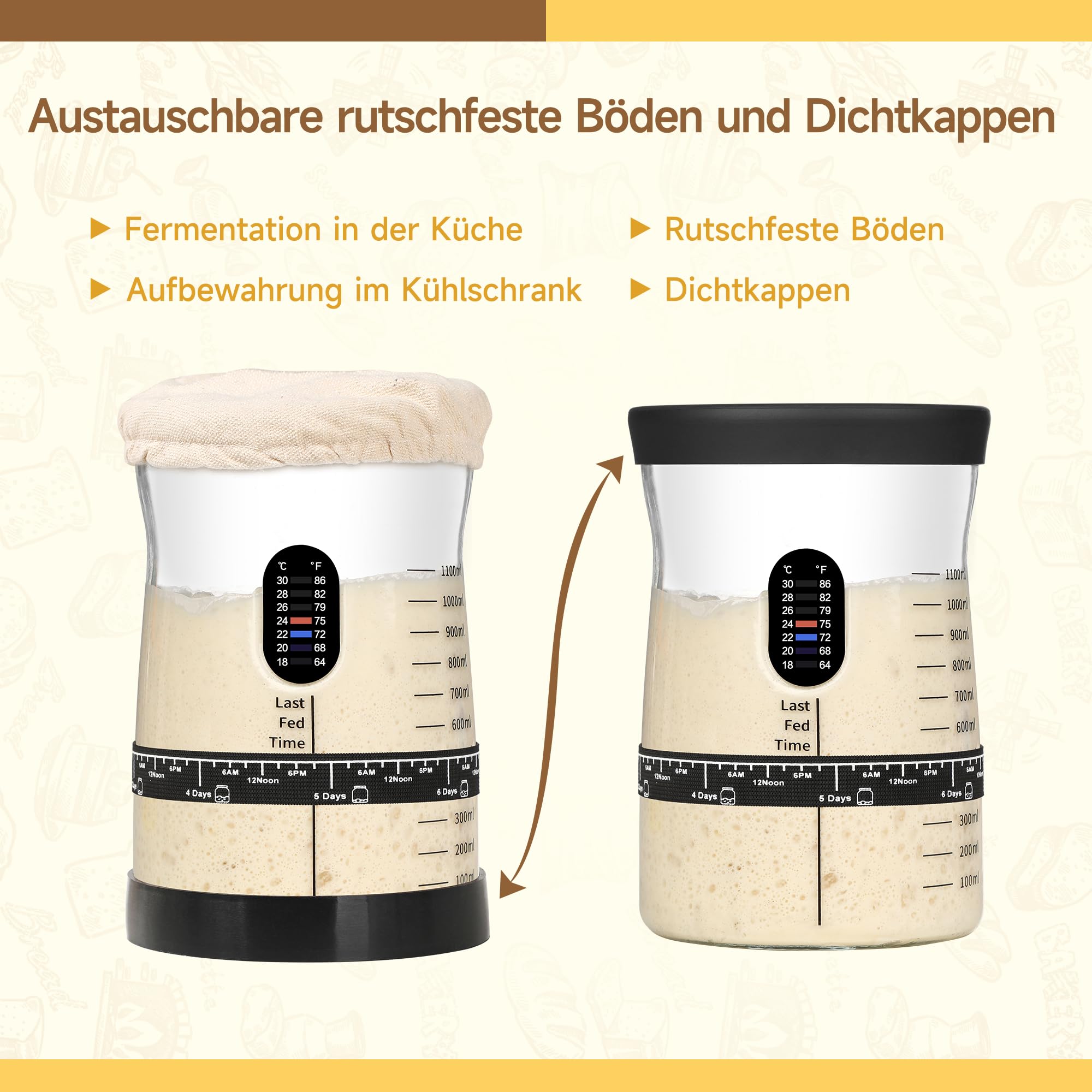 Coco Bird Pro Sauerteig Starter Set – 1,5L Großes Sauerteig Glas mit 17 Rezepten – Sauerteigstarter Zubehör für Brotbacken & Fermentation (1 Stück)