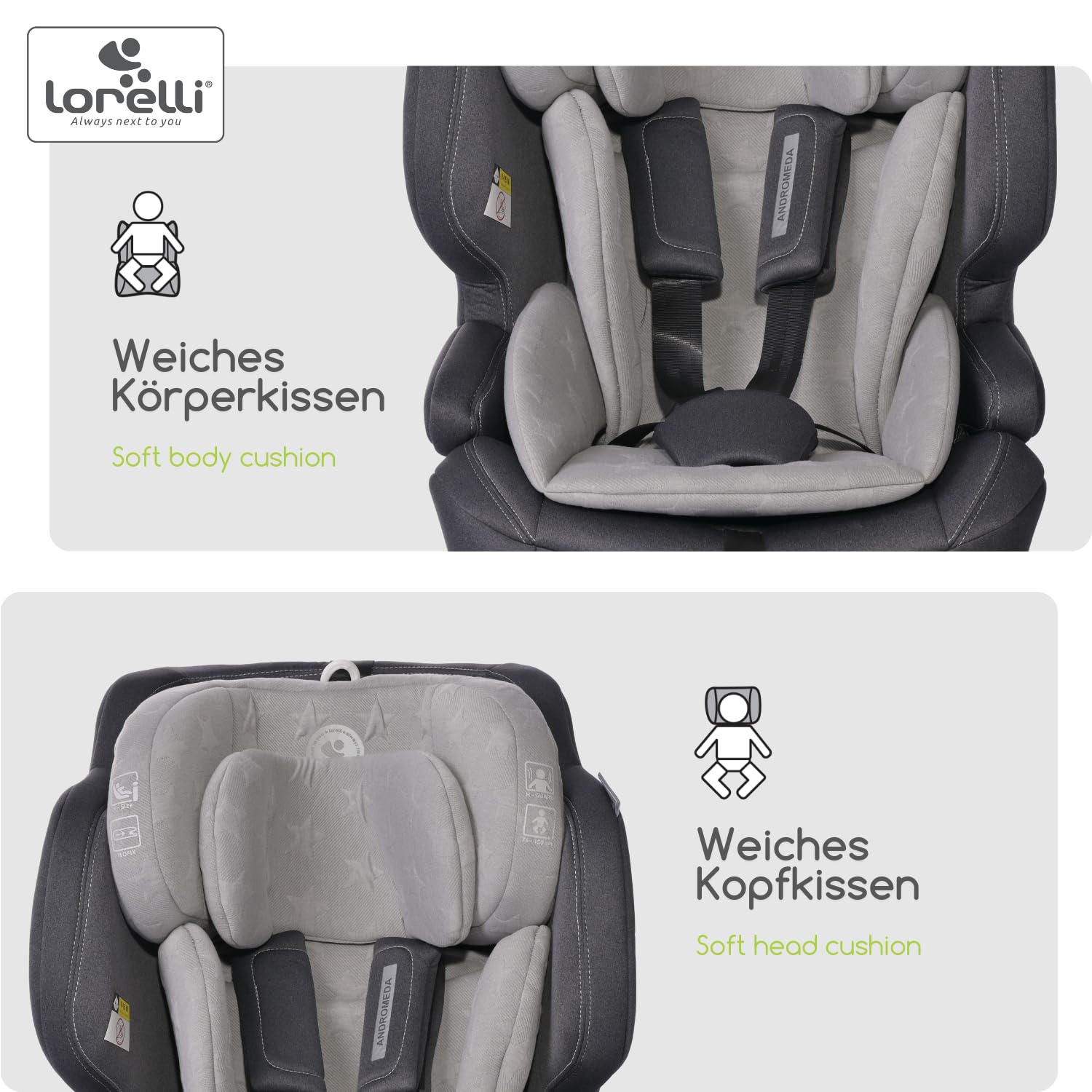 Lorelli Auto Kindersitz Andromeda mit Isofix i-Size, Mitwachsender Autositz für Kinder von 76-150 cm, Babysitz, Autokindersitz, Einstellbare Kopfstütze, 5-Punkt-Sicherheitsgurt, hellgrau
