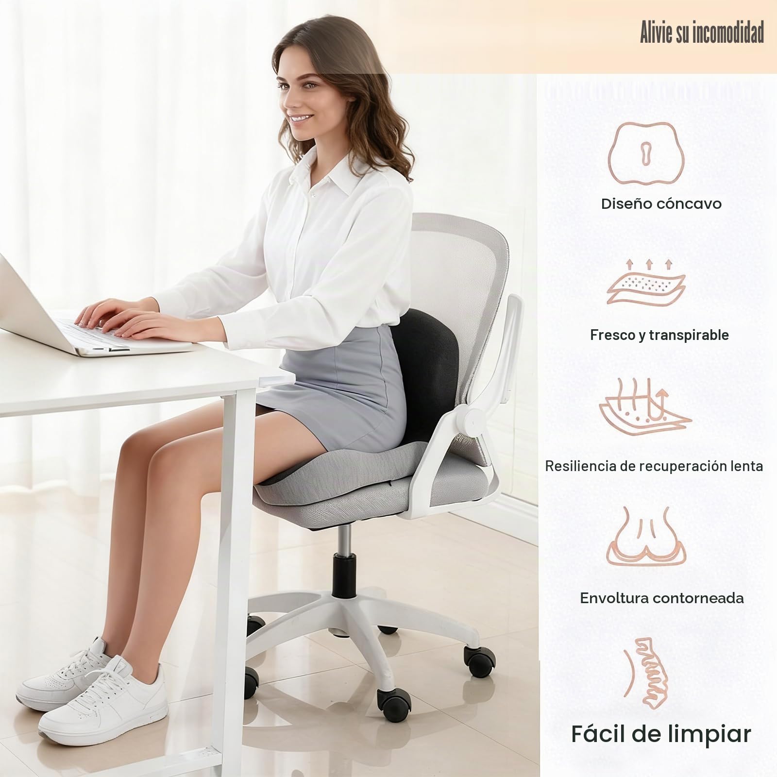 Cojín Ergonómico con Respaldo, Cojín de Asiento para Silla de Oficina & Coche, Cojín de Asiento con Soporte Lateral para Aliviar Dolor de Espalda