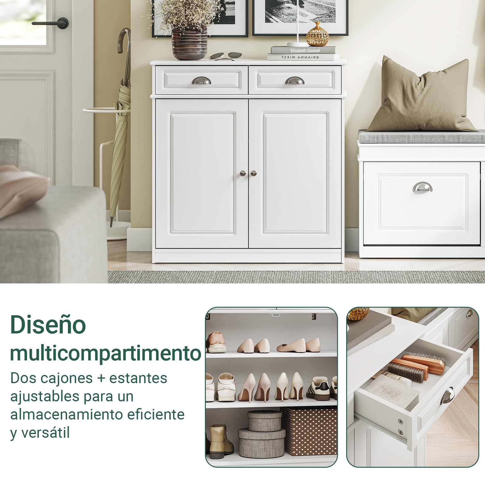 SoBuy Zapatero Entrada recibidor 80x35x82cm para recibidor | Mueble zapatero para 12-15 pares con 2 cajones, MDF E1 FSC, diseño francés blanco FSB104-W