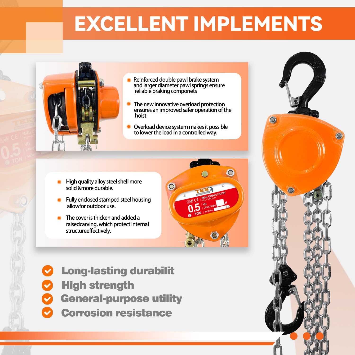 TKK 1/2 Ton Chain Hoist - 1100lbs Capacity, 10FT Manual Hand Chain