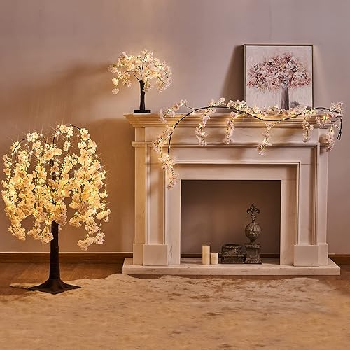 Miniatura 4 de Fudios Árbol de flor de cerezo rosa con luces de 4 pies, 180 luces LED, árbol de flores artificiales iluminado para decoración de boda de primavera