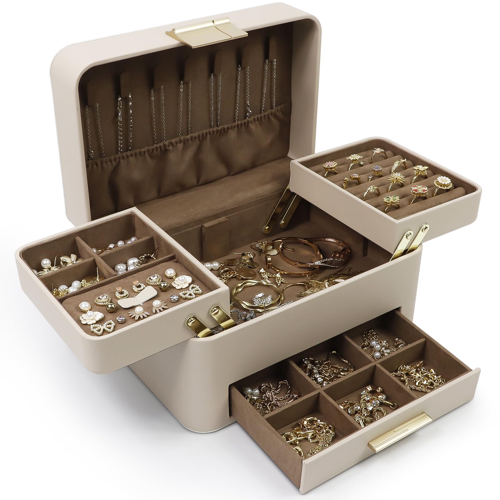 KAMIER Jewelry Box 3 Layers Jewelry Organizer with Drawers PU Leather Jewelry Storage Organizer for Earring Ring Necklace