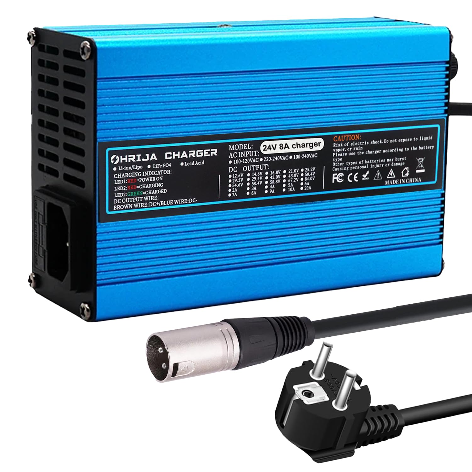 Il caricabatterie da 24 V 8 A è adatto per accumulatori di piombo da 27,6 V. Caricabatterie di mantenimento per sedie a rotelle. Esterno blu con connettore XLR 1+2 a 3 poli.