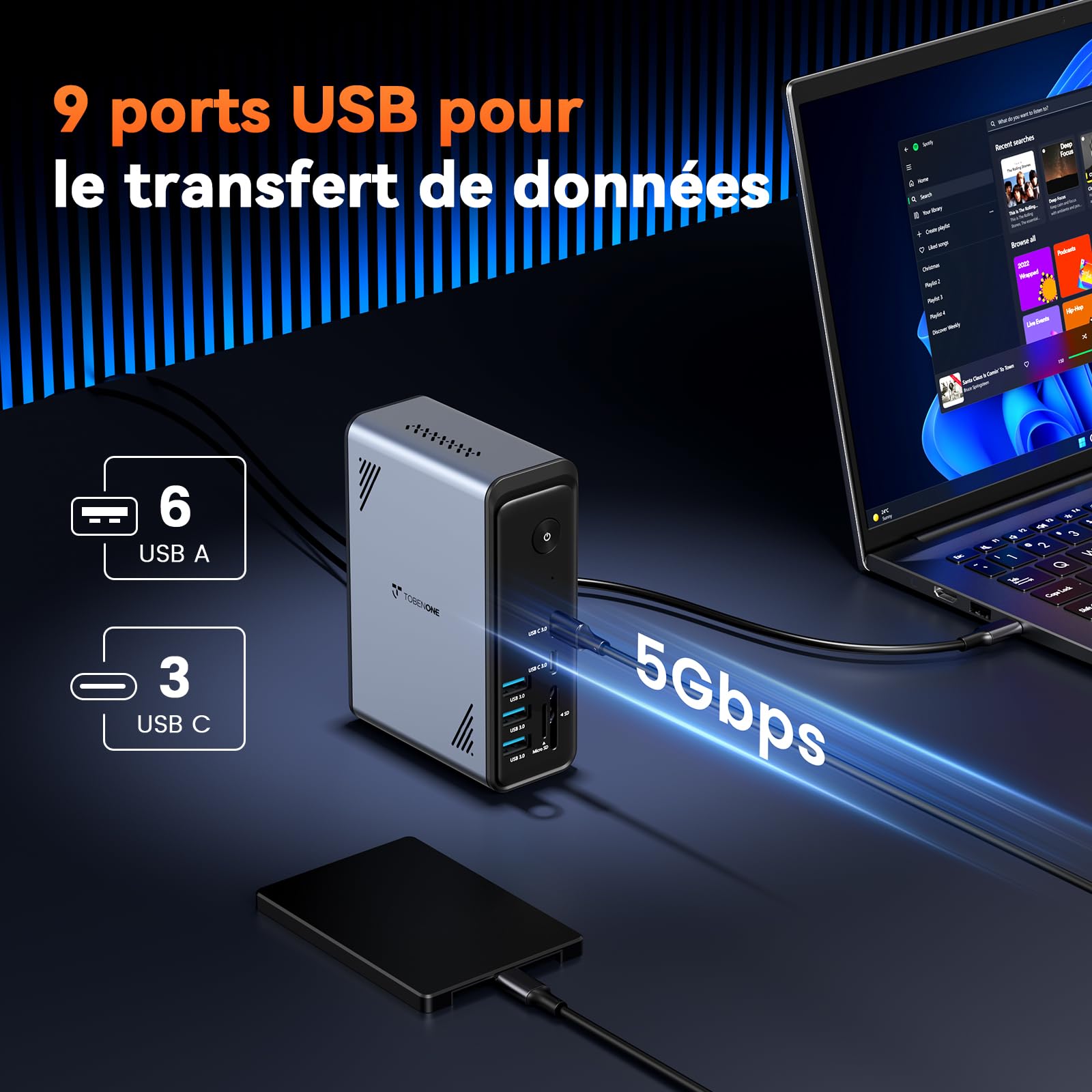 TobenONE Station d'accueil pour ordinateur portable 18 en 1 avec 3 moniteurs, triple écran 4K, 3 ports HDMI, 9 ports USB, Gigabit Ethernet, PD3.0, pour ordinateurs portables Windows/Dell/Lenovo/HP